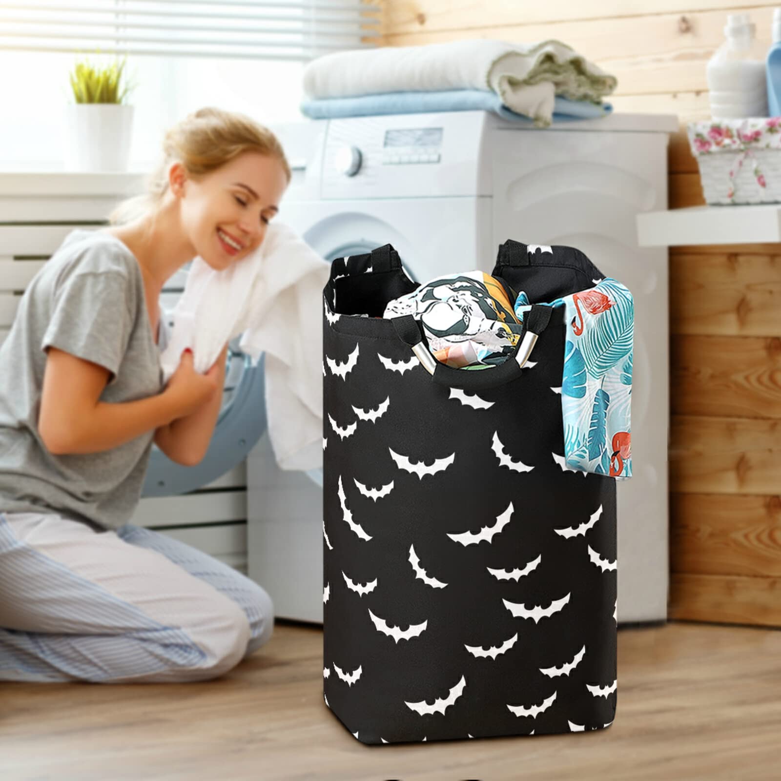 Xuwu 50L Laundry Basket Halloween Bats Goth Foldable Laundry Hamper With Padded Handles Waterproof Durable Clothes Hamper Storag