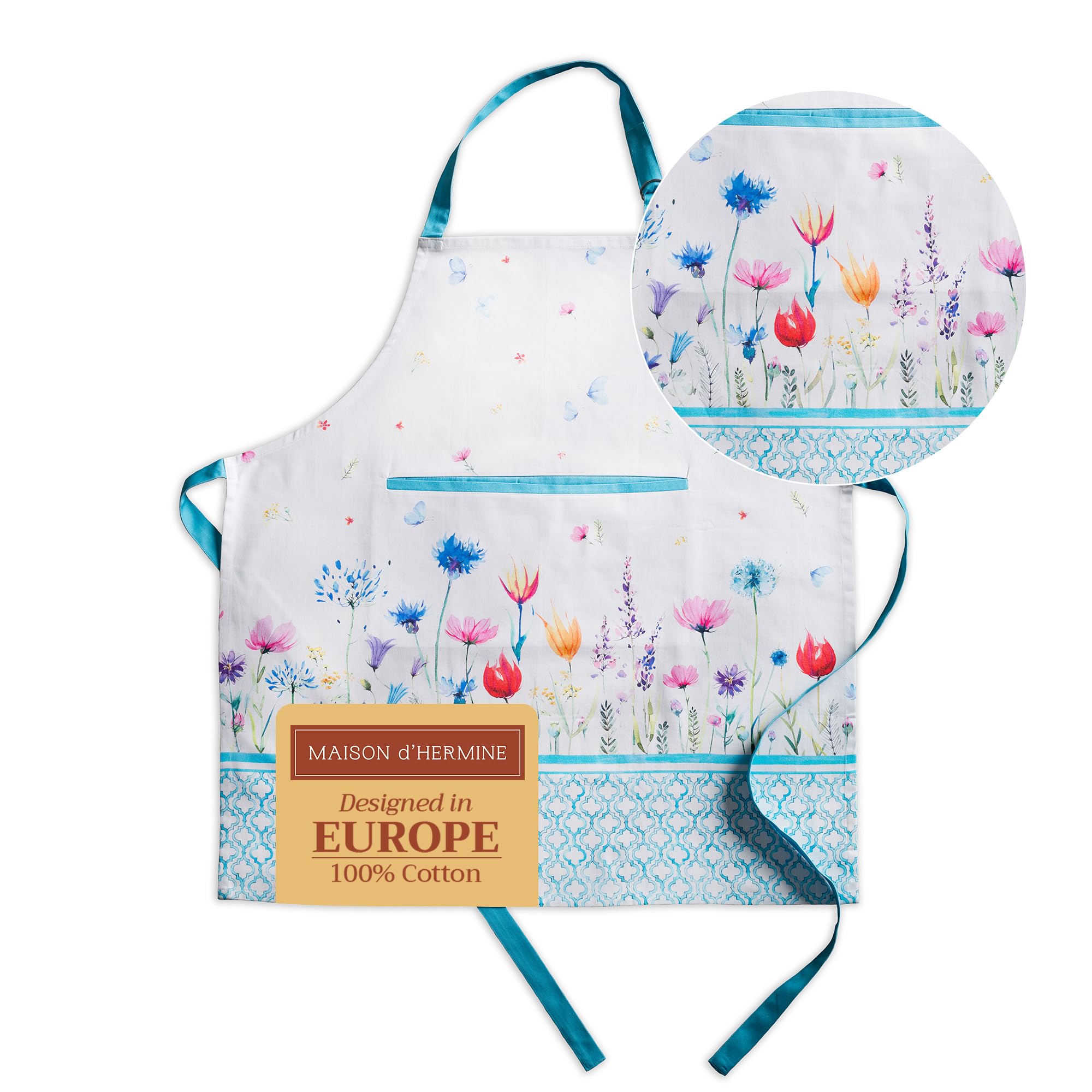 Maison D Hermine Apron 100% Cotton 1 Piece Adjustable Neck Strap Apron With Center Pocket & Long Ties For Gifts, Chef, Women & M