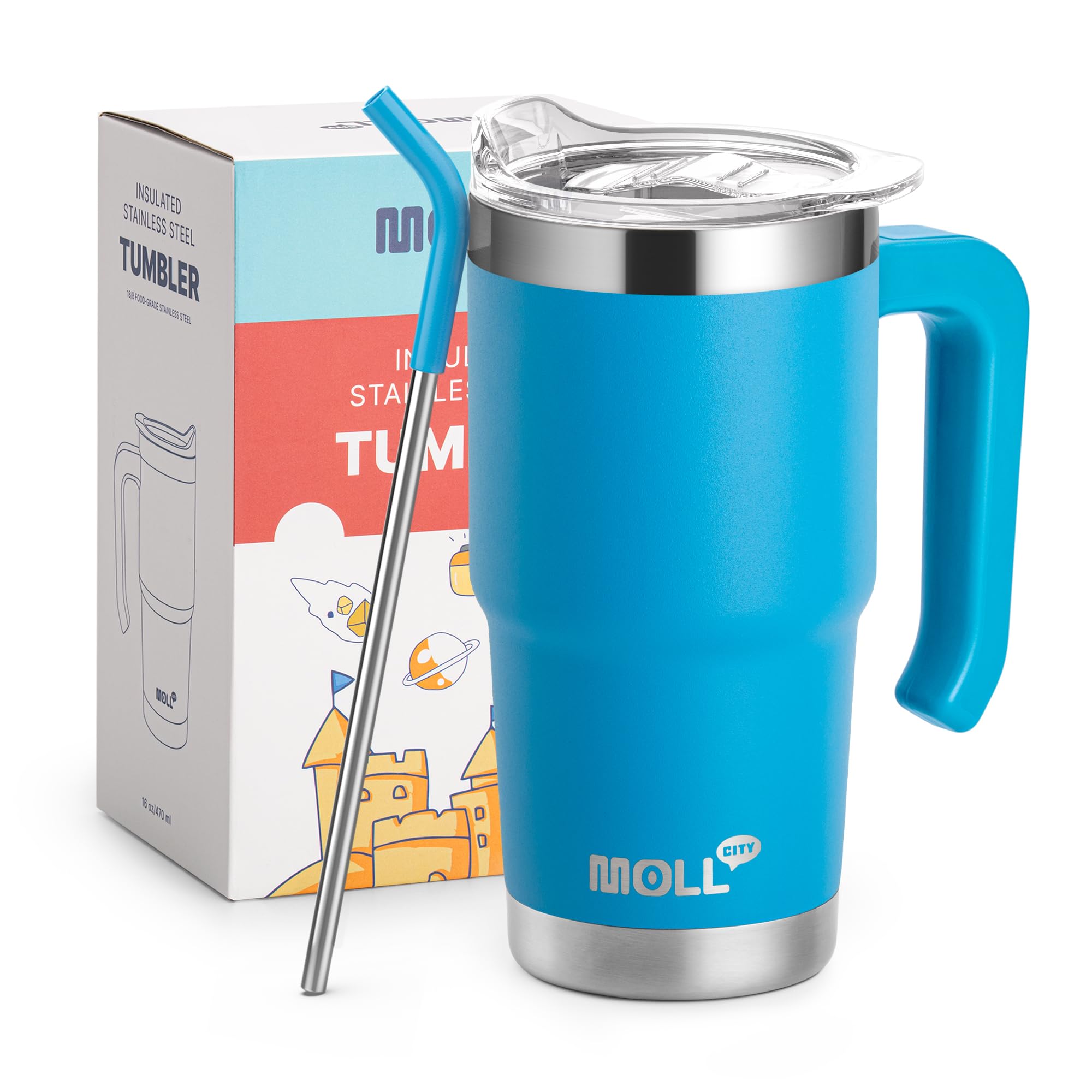 Mollcity 16 oz Tumbler with Straw Stainless Steel Double Wall Vacuum Insulated Coffee Cup with Lid and Handle-Reusable Travel Mu