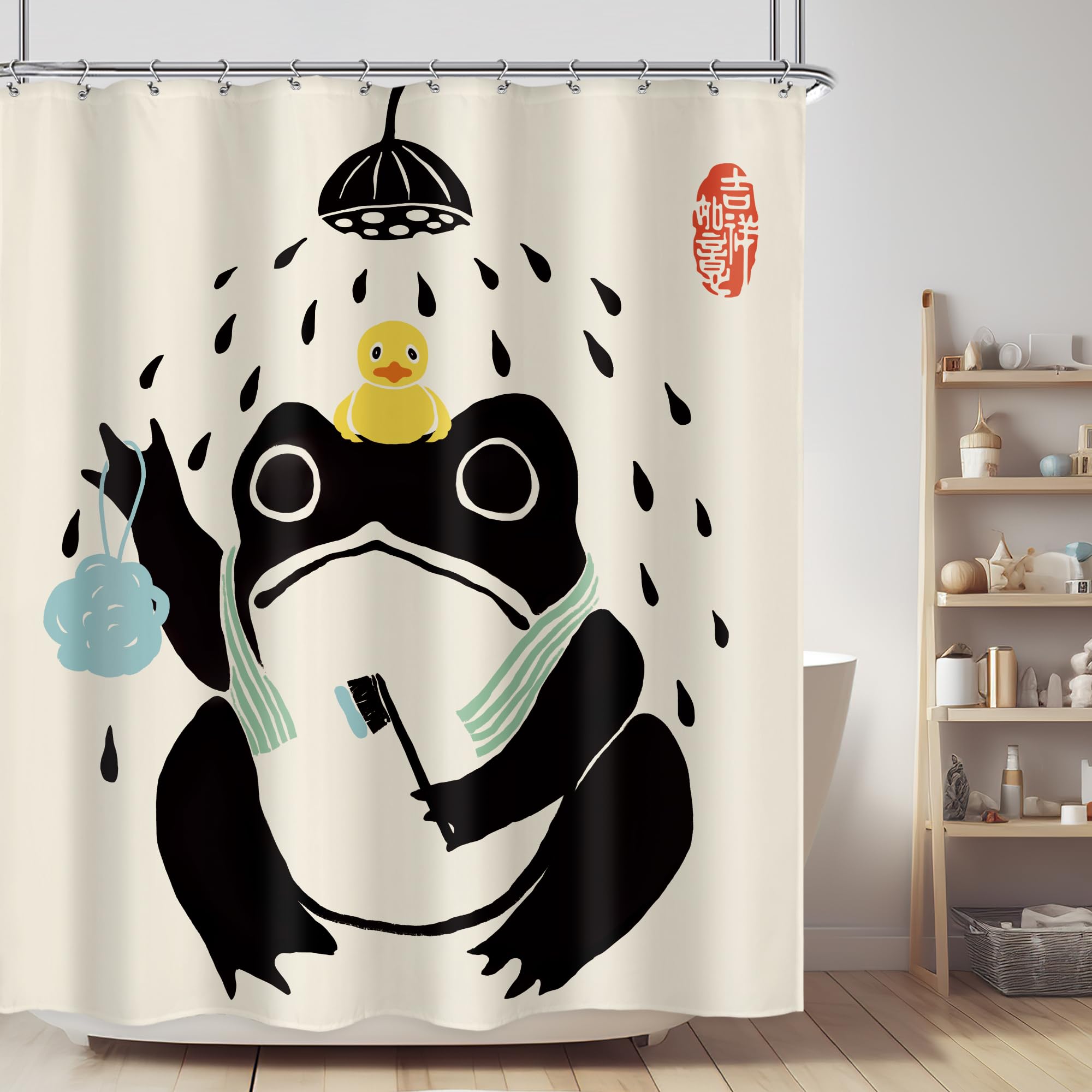 Lghtyro Funny Frog Shower Curtain Bathroom Set 60Wx71H Inches Cute Animal Bath Asian Style Traditional Japanese Art Rubber Duck