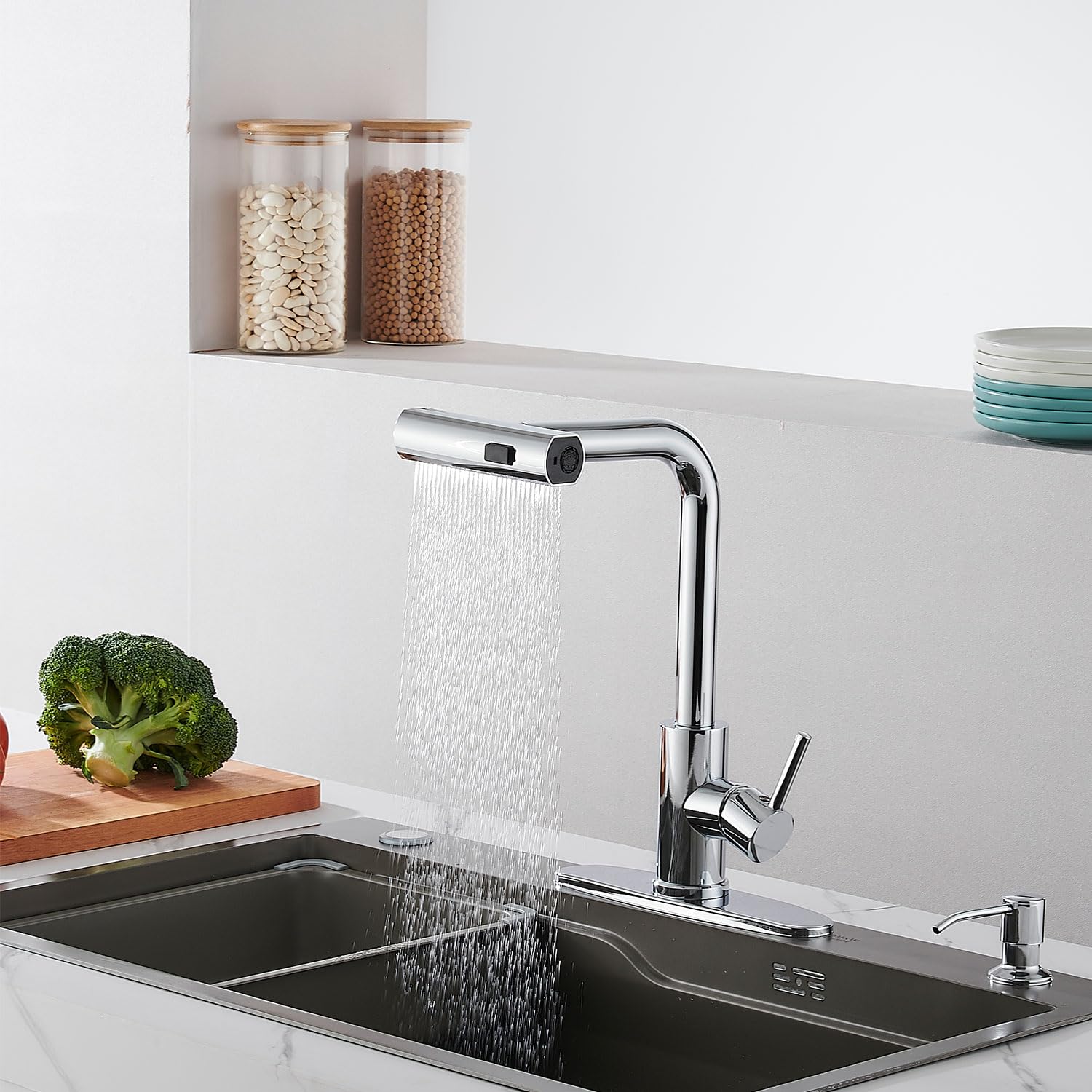 Zoriou Kicthen Faucets With Pull Down Sprayer, Chrome Waterfall Kitchen Sink Faucet With Soap Dispenser, Single Hole Stainless S