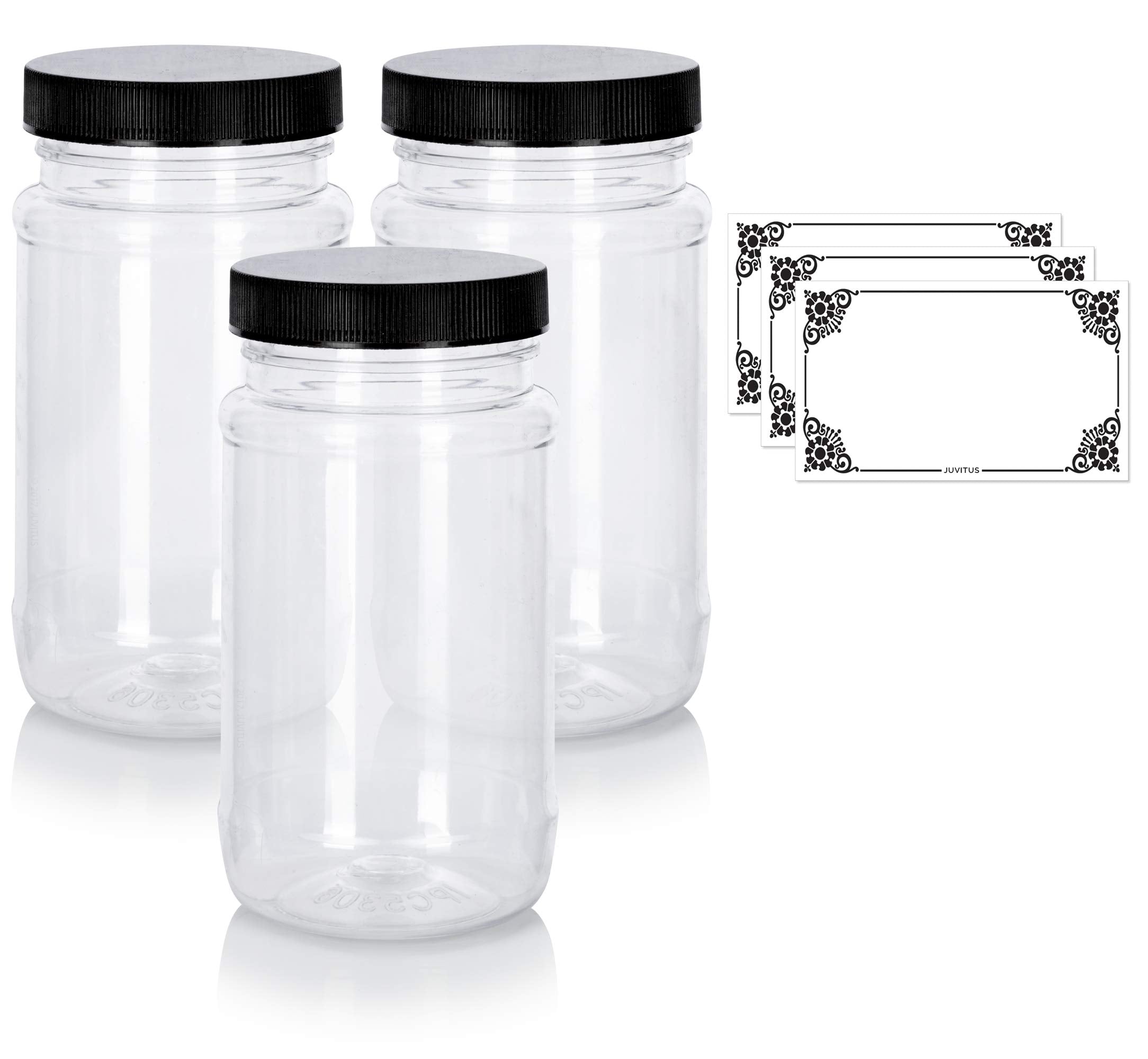 Juvitus 8 Oz Clear Pet Plastic Spice Bottle With Black Ribbed Cap (3 Pack) + Labels