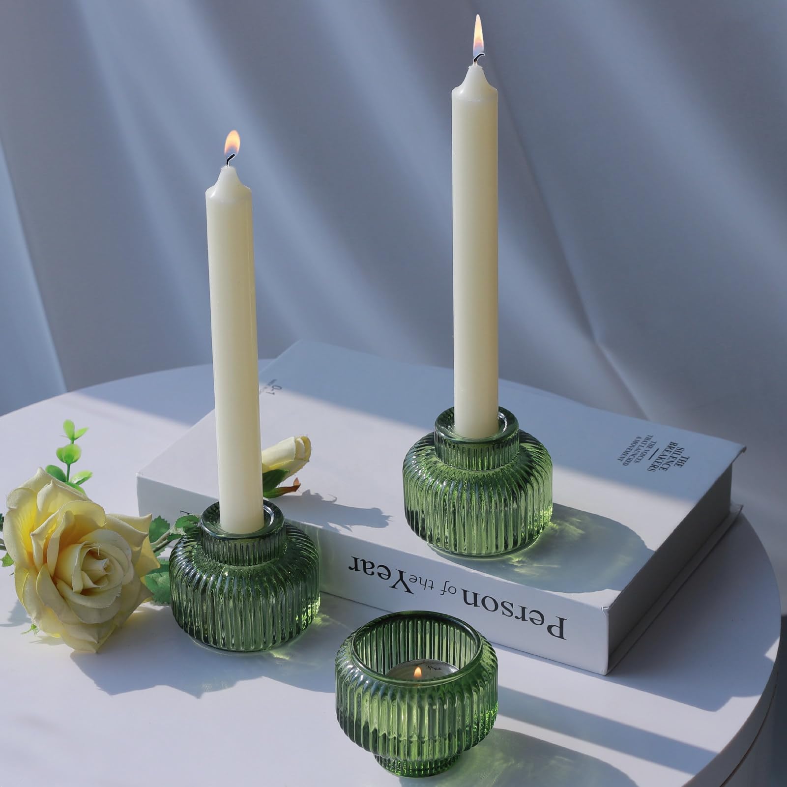 Woho Candlestick Holders Set of 4 for Taper Candles/Tea Lights, Green Ribbed Candle Sticks Holder Decor for Table Centerpiece, R