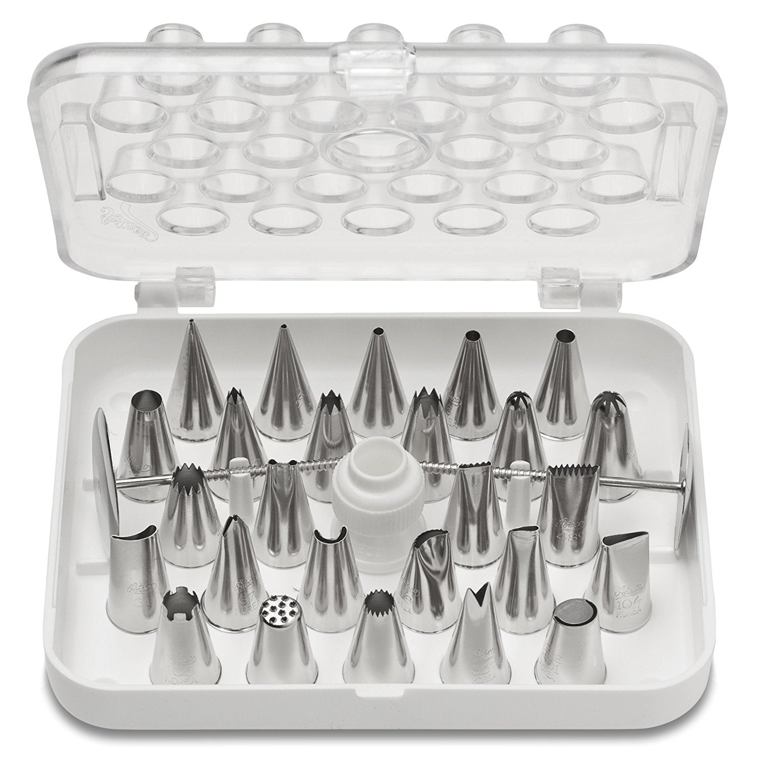 Ateco 29 Piece Cake Decorating Set, Includes 26 Stainless Steel Tubes, 1 Standard Coupler, 2 Flower Nails In Hinged Storage Box