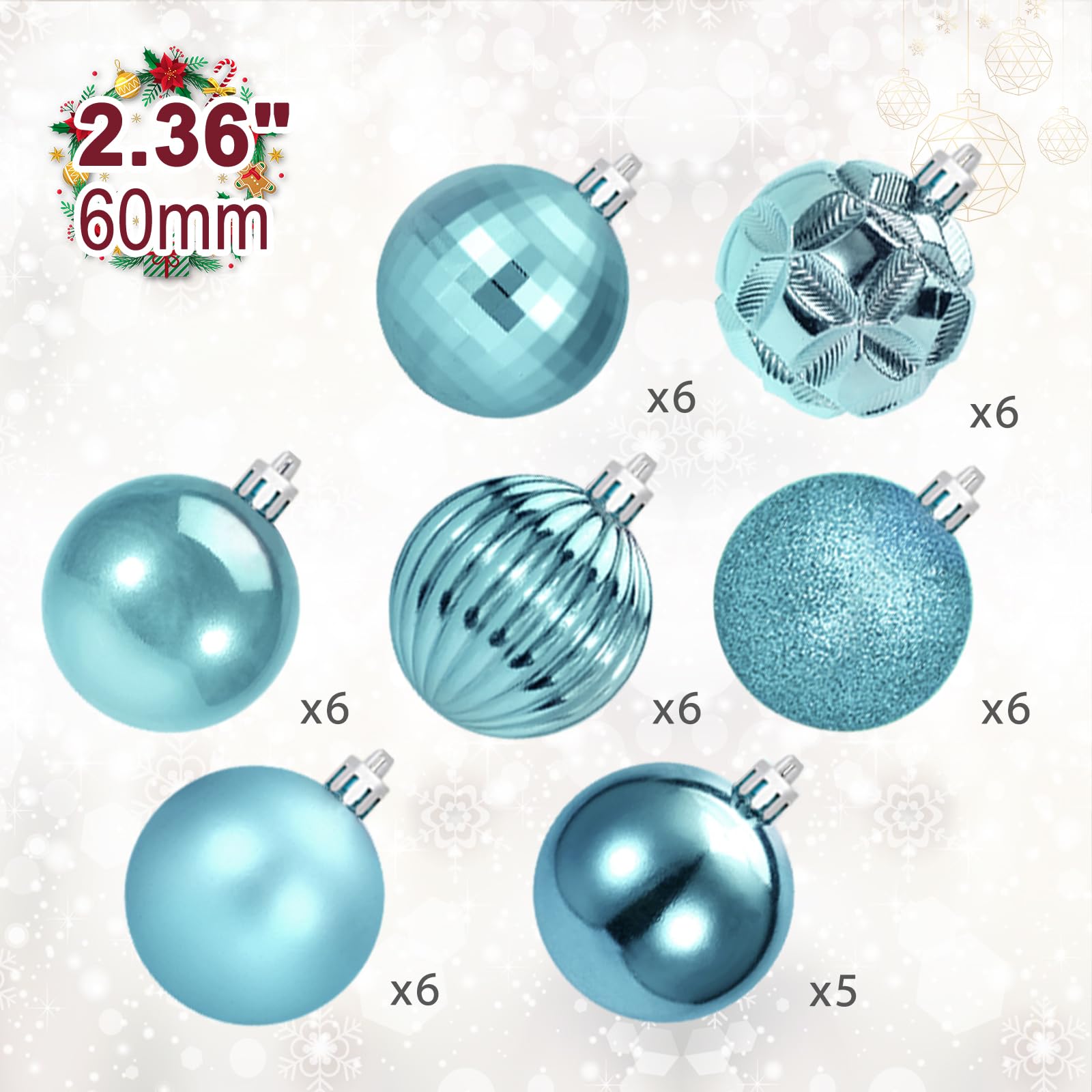 Luxtea 41ct Large Christmas Balls Shatterproof Hanging Decorations Set for Xmas Tree Garland Ornaments (Light Blue, 2.36/60mm)