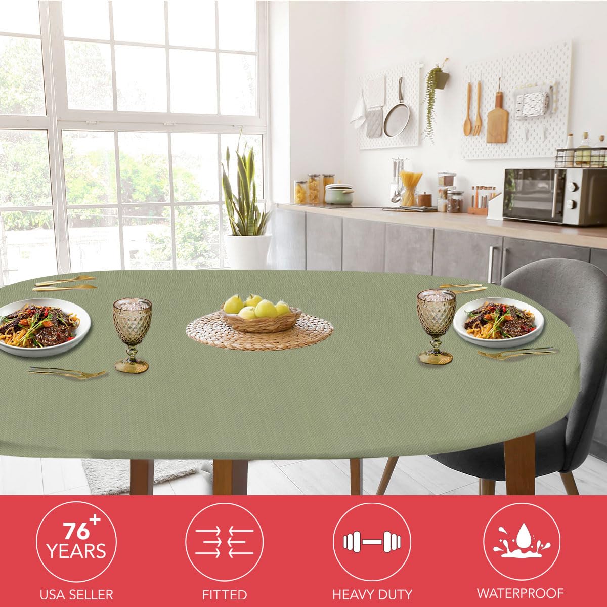 Covers For The Home Deluxe Elastic Edged Flannel Backed Vinyl Fitted Table Cover - Basketweave (Green) Pattern - Round Oblong Ov