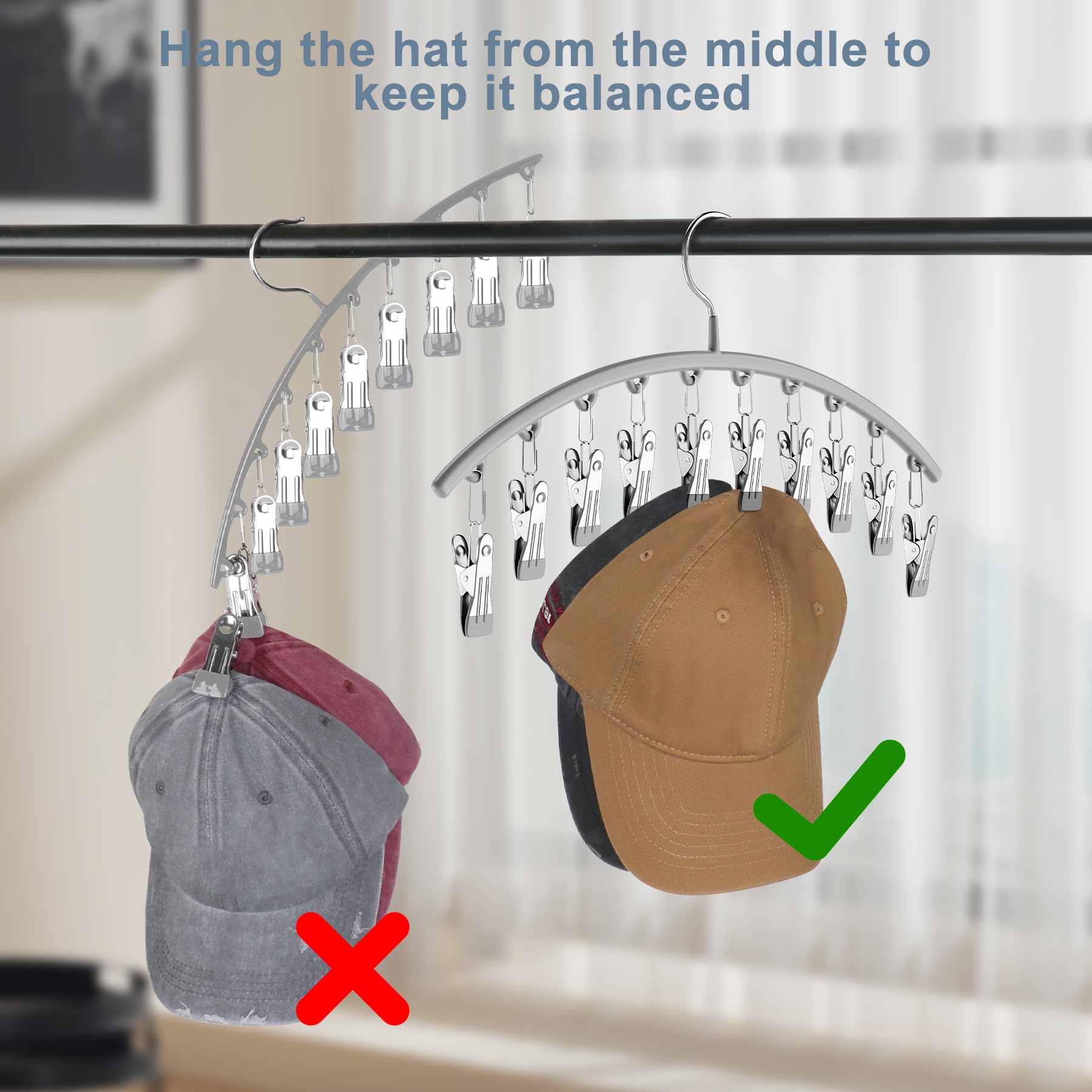 Yecuip Hat Hangers For Closet, Metal Hat Organizer For Baseball Caps 2 Pack Door Hat Racks For Baseball Caps With 10 Large Clips