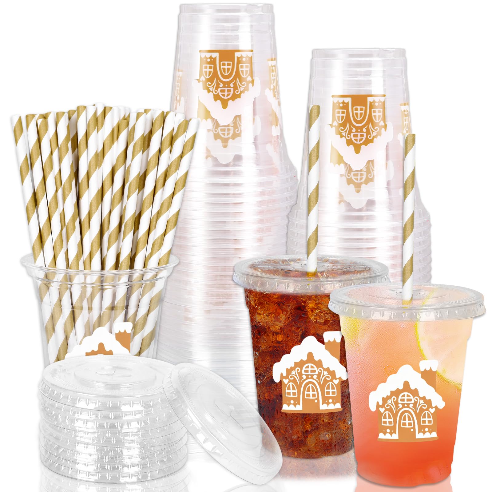 Whaline 50Pcs 12Oz Christmas Disposable Plastic Cups with Lids and Straws Gingerbread House Cold Beverage Drinking Cups for Wint