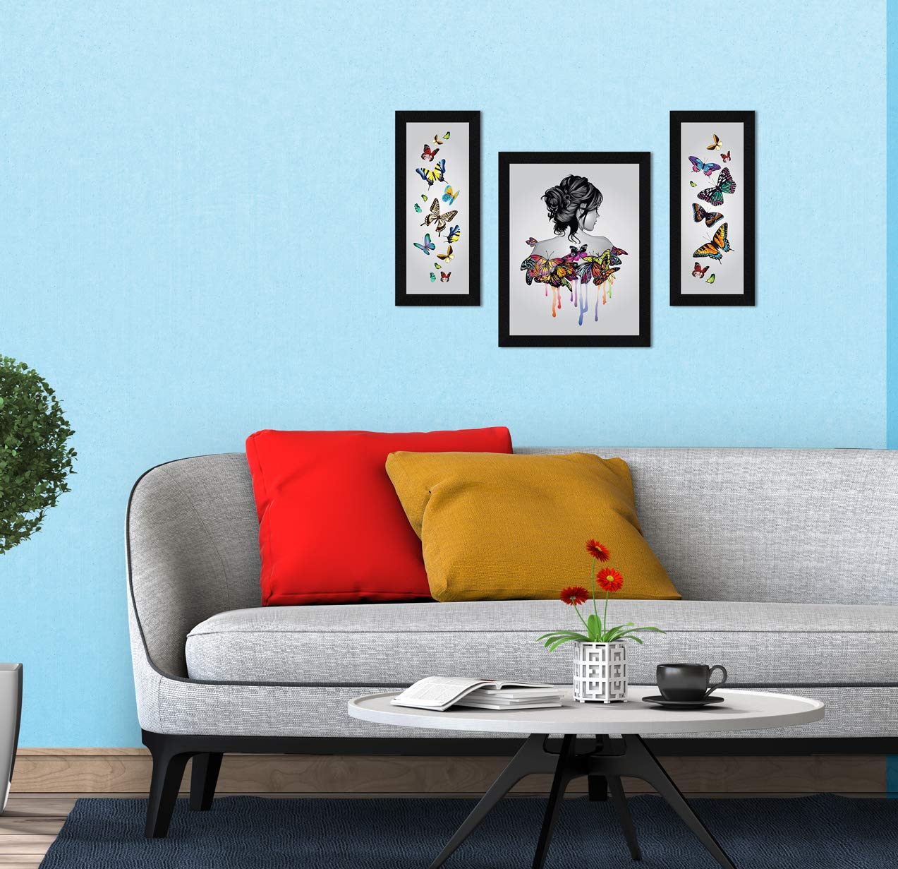 ArtX Paper Women Butterfly Wall Art, Multicolor, Abstract, 13 X 22 Inches, Set of 3