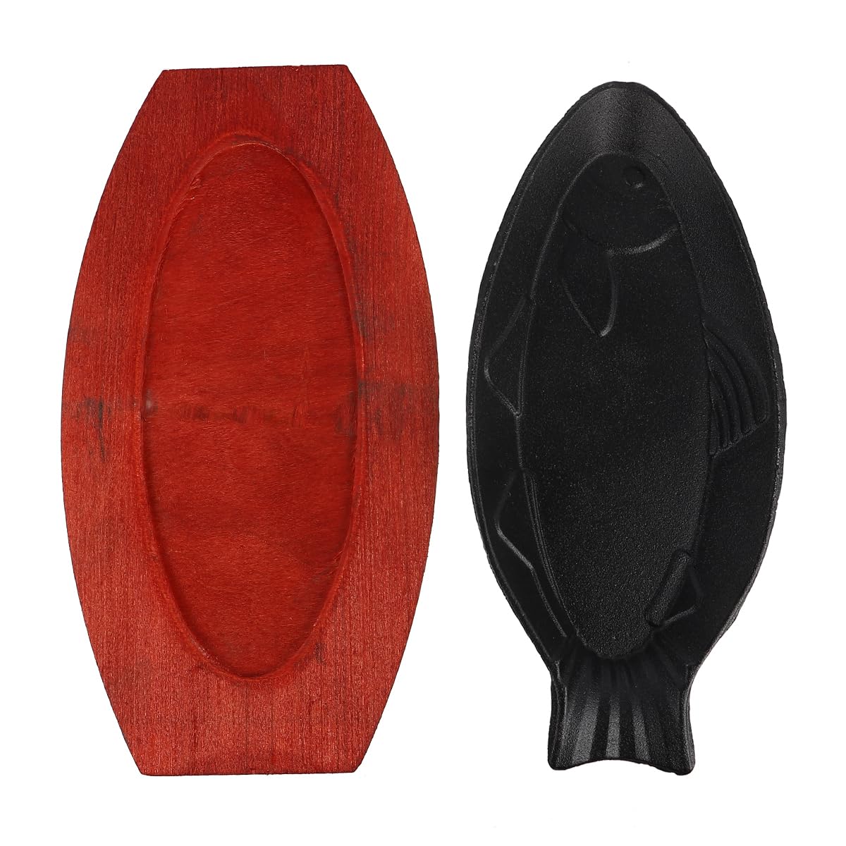 Angoily Cast Iron Fish Pan: Small Fish Frying Pan Skillet With Wooden Base For Restaurant Kitchen Grilling Meats Sizzling Plate