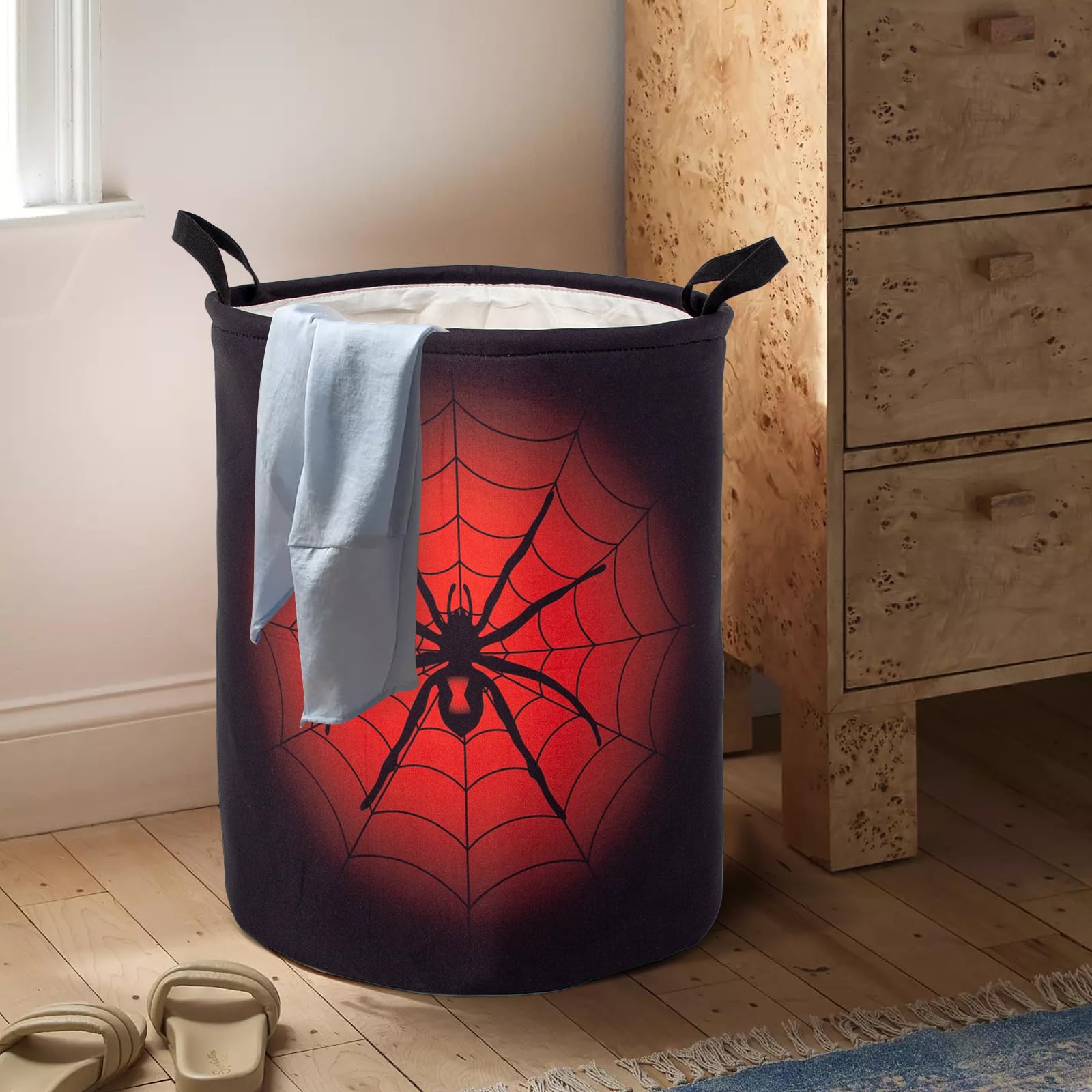Black Red Spider Laundry Basket Foldable With Handles Tote Bag Waterproof Oxford Cloth Funny Laundry Hamper Clothes Storage Buck