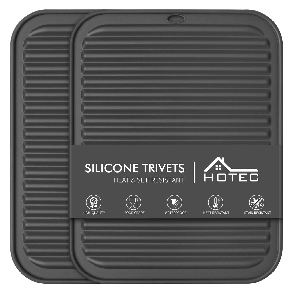Hotec Silicone Trivets For Hot Pots And Pans, Heat Resistant For Kitchen Counter Dish Drying Mat, Set Of 2 Dark Grey