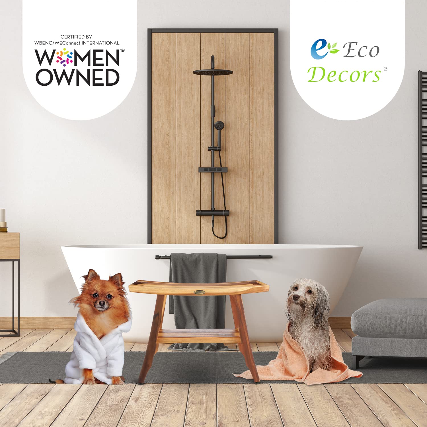 Ecodecors, Satori, 24'', Teak Shower Bench, Wooden Bench, Teak Shower Stool, Bathroom Bench, Teak Bathroom Bench, Shower Bench T