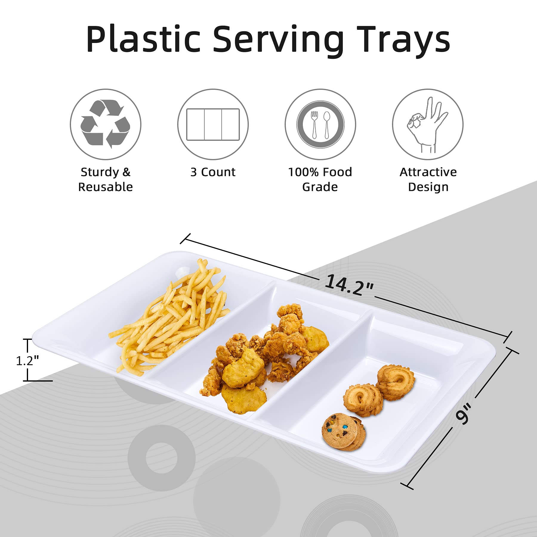 Lullaby 3 Sectional Plastic Serving Tray 14.2'' X 9'', 3 Pack White Serving Platters For Cheese Cracker Food, Durable And Reusab