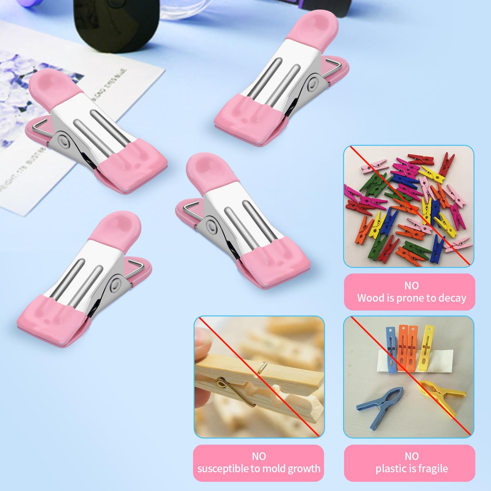 Tinfol 28Pc Clothes Pins, Stainless Steel Pink Laundry Clips - Multipurpose Strong Clothing Pins, Bag Clips, Chip Clips, Food Cl