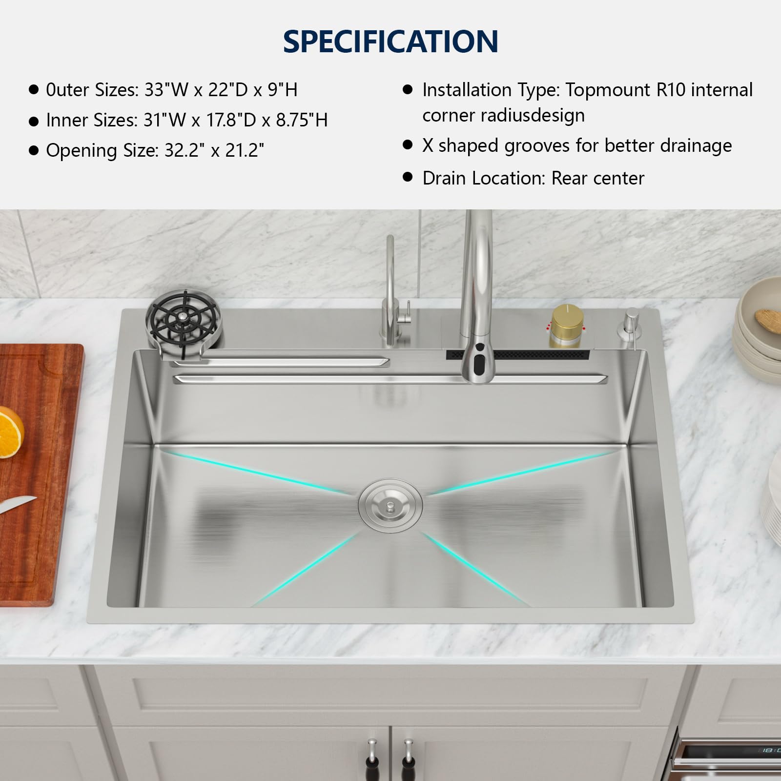 Logmey 33 Drop In Waterfall Kitchen Sink 33X22 Inch 16 Gauge Stainless Steel Single Bowl Workstation Kitchen Sinks With Faucet C