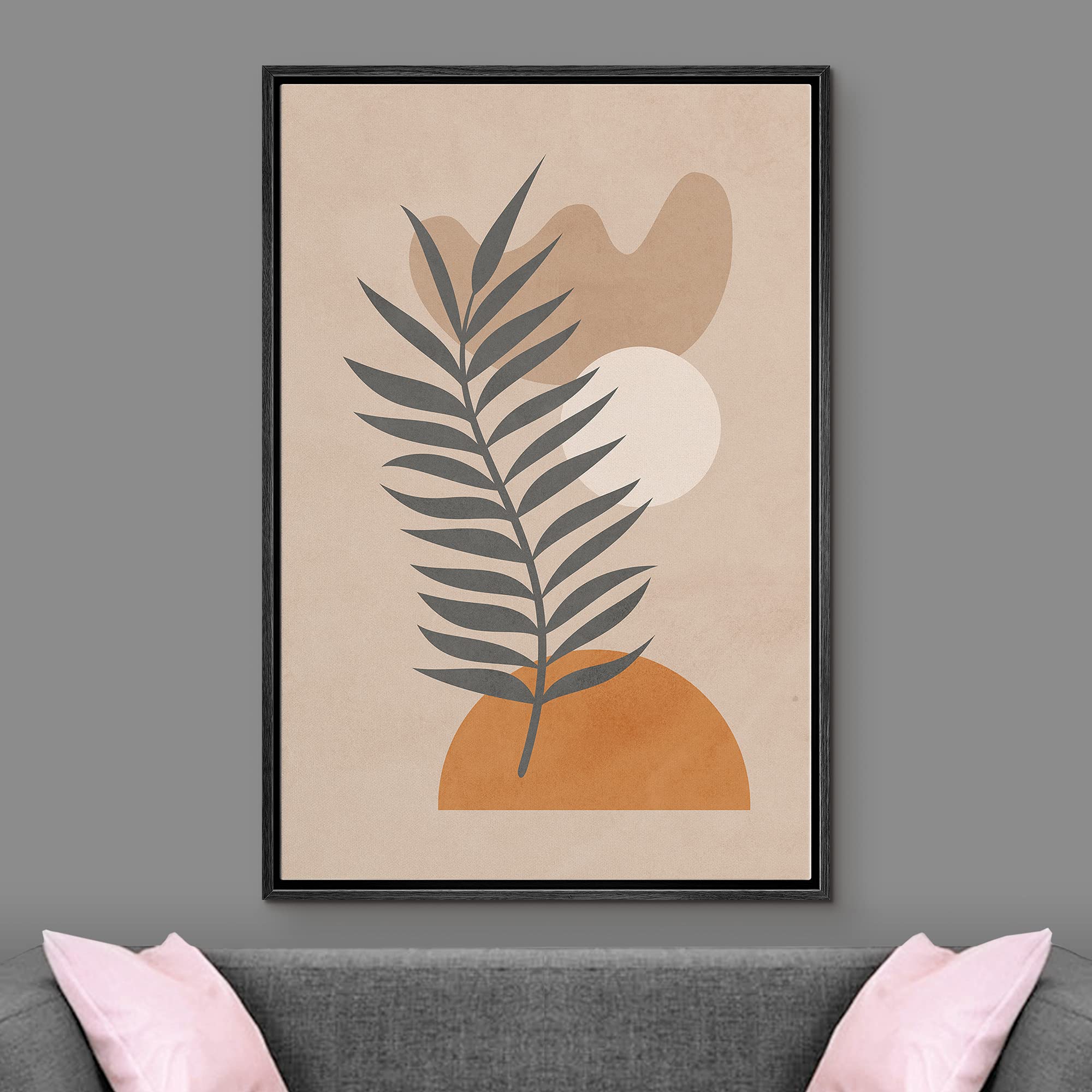 Ashbrook Framed Canvas Print Wall Art Mid-Century Palm Leaf On Tan And Orange Circles Floral Botanical Illustrations Modern Bohe