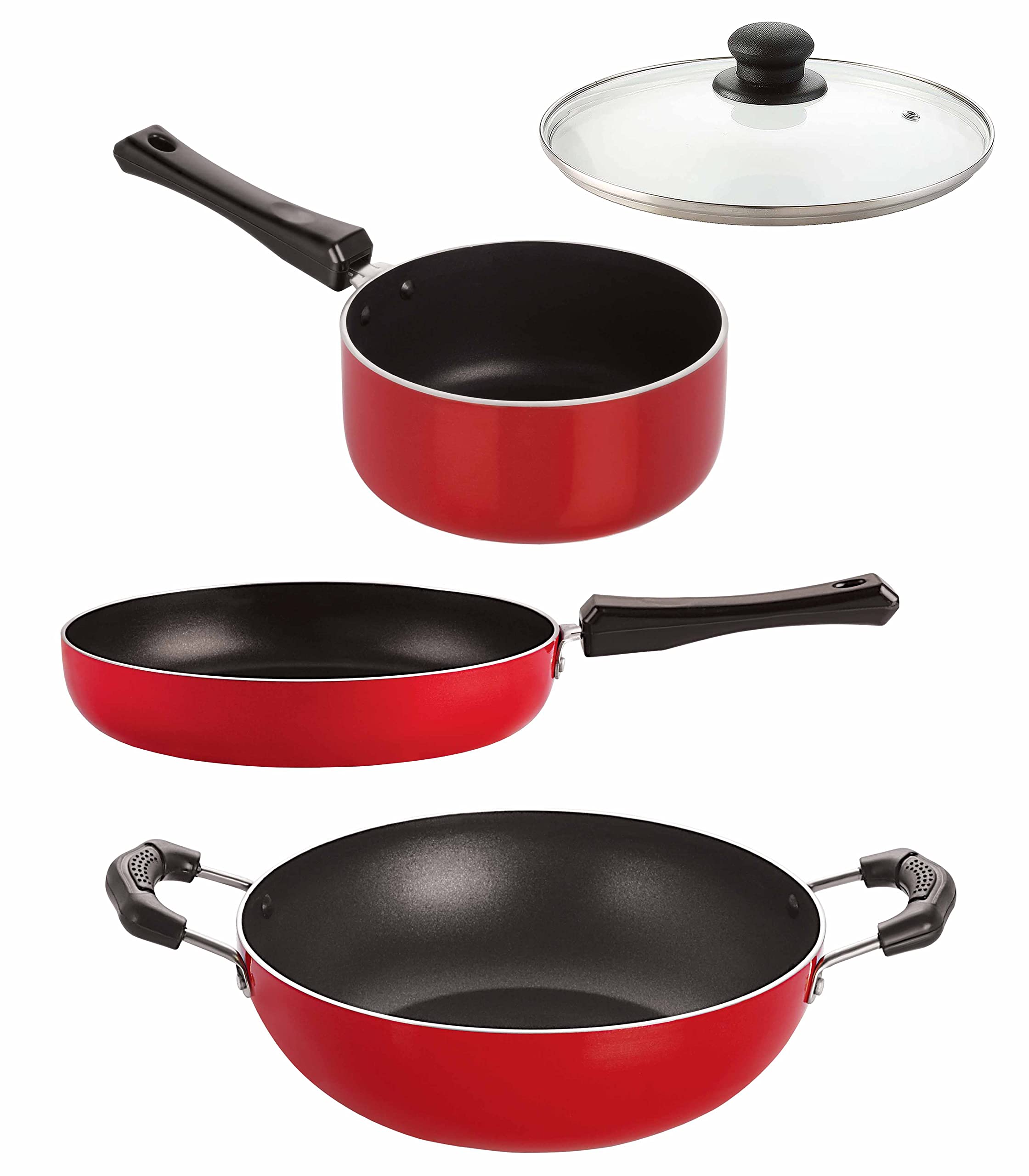 Nirlon Nonstick Aluminium Kitchenware Set 3 Layer Healthy Coating Combo Set  4 Pieces (Flat Tawa|Kadhai|Sauce Pan(M)|1 Glass Li