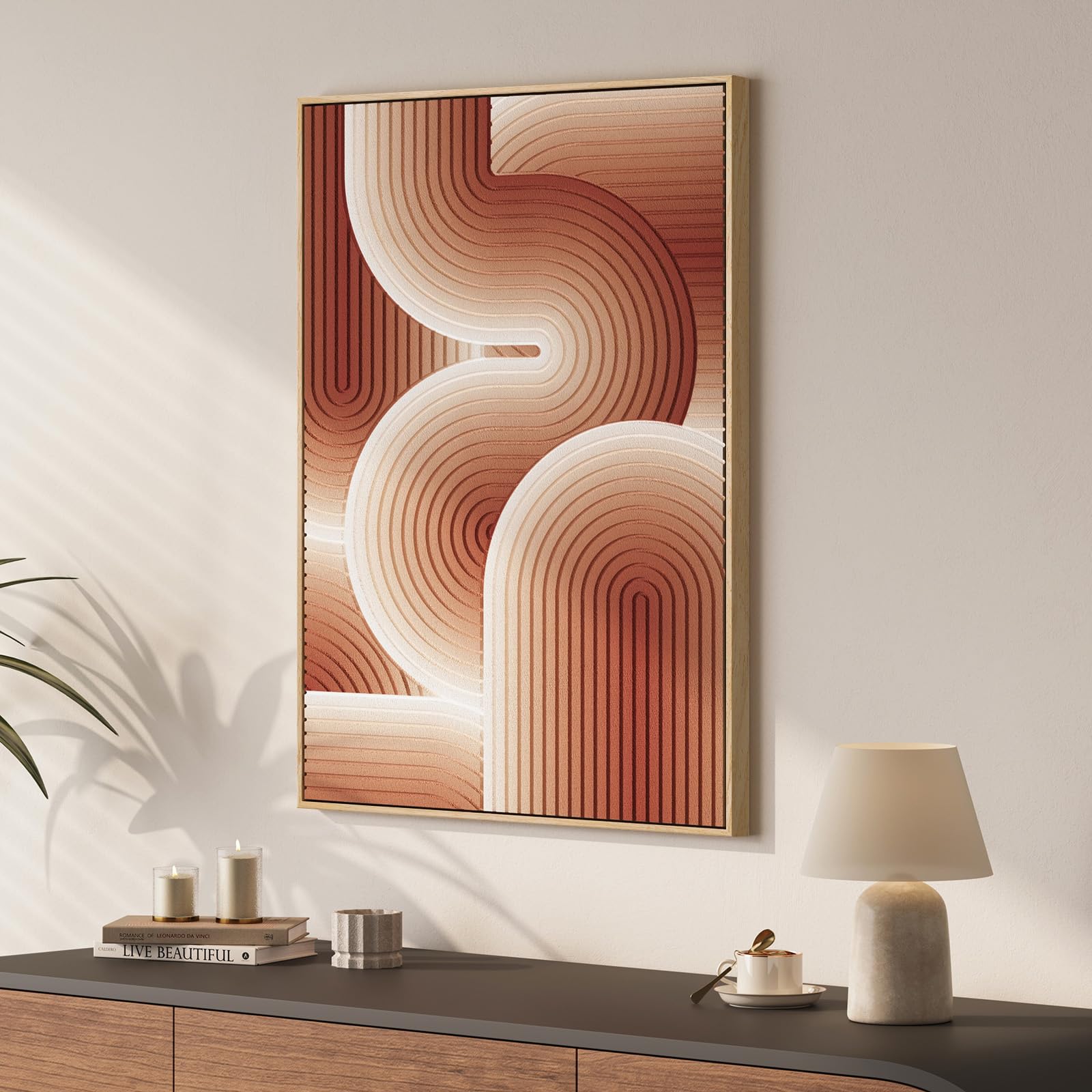 3D Textured Framed Orange Abstract Wall Art, Modern Minimalist Red And Beige Geometric Paintings Artwork For Walls, Large Pictur