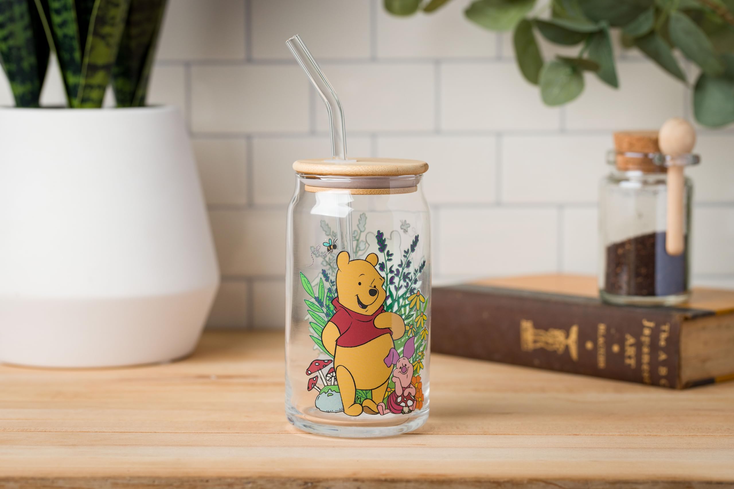 Silver Buffalo Disney Winnie The Pooh And Piglet Garden Glass Jar Tumbler With Bamboo Lid And Glass Straw, 16 Ounces