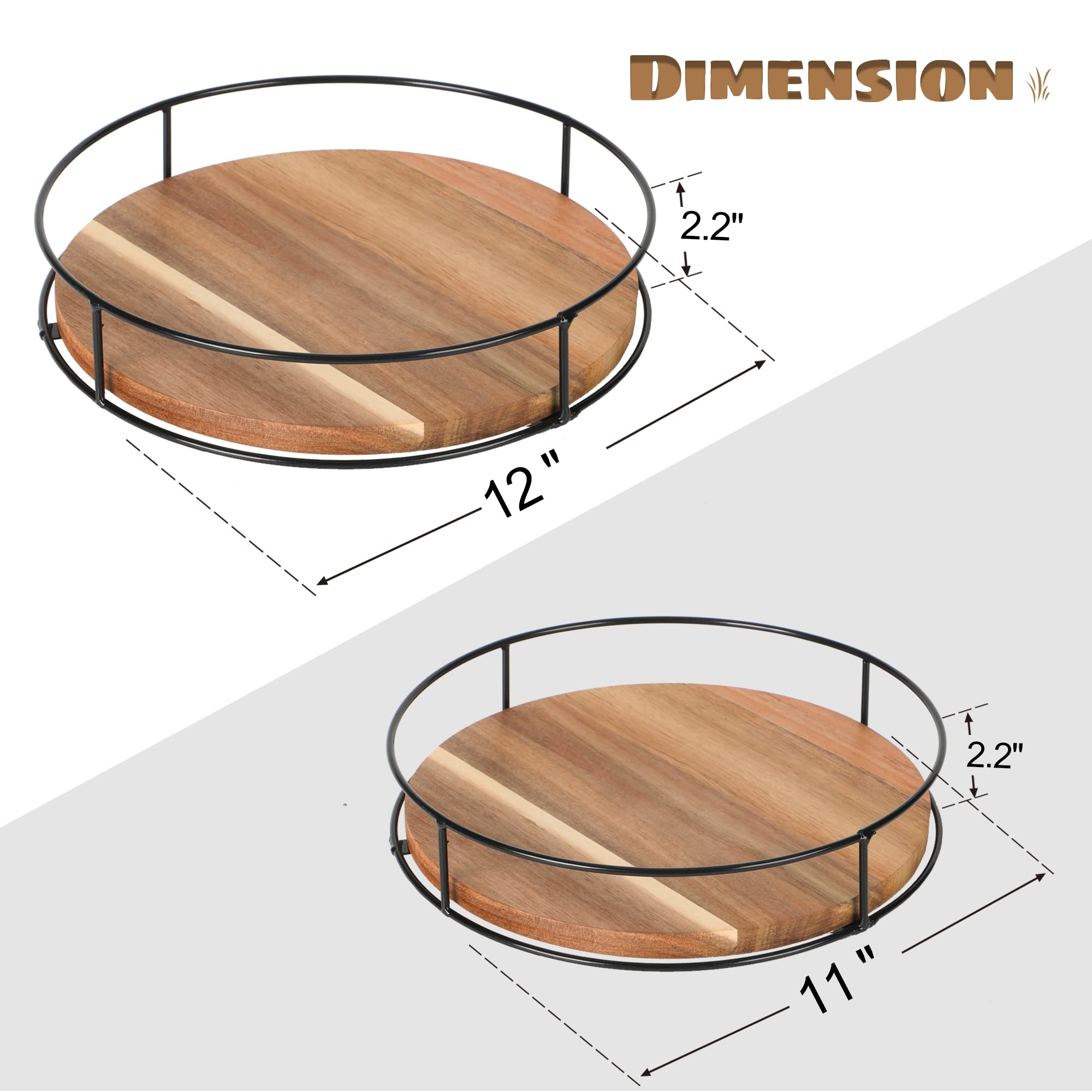 [ 2 Pack ] 11 '' & 12 '' Acacia Wood Lazy Susan Organizers With Steel Sides, Lazy Susan Turntable For Cabinet, Kitchen Turntable