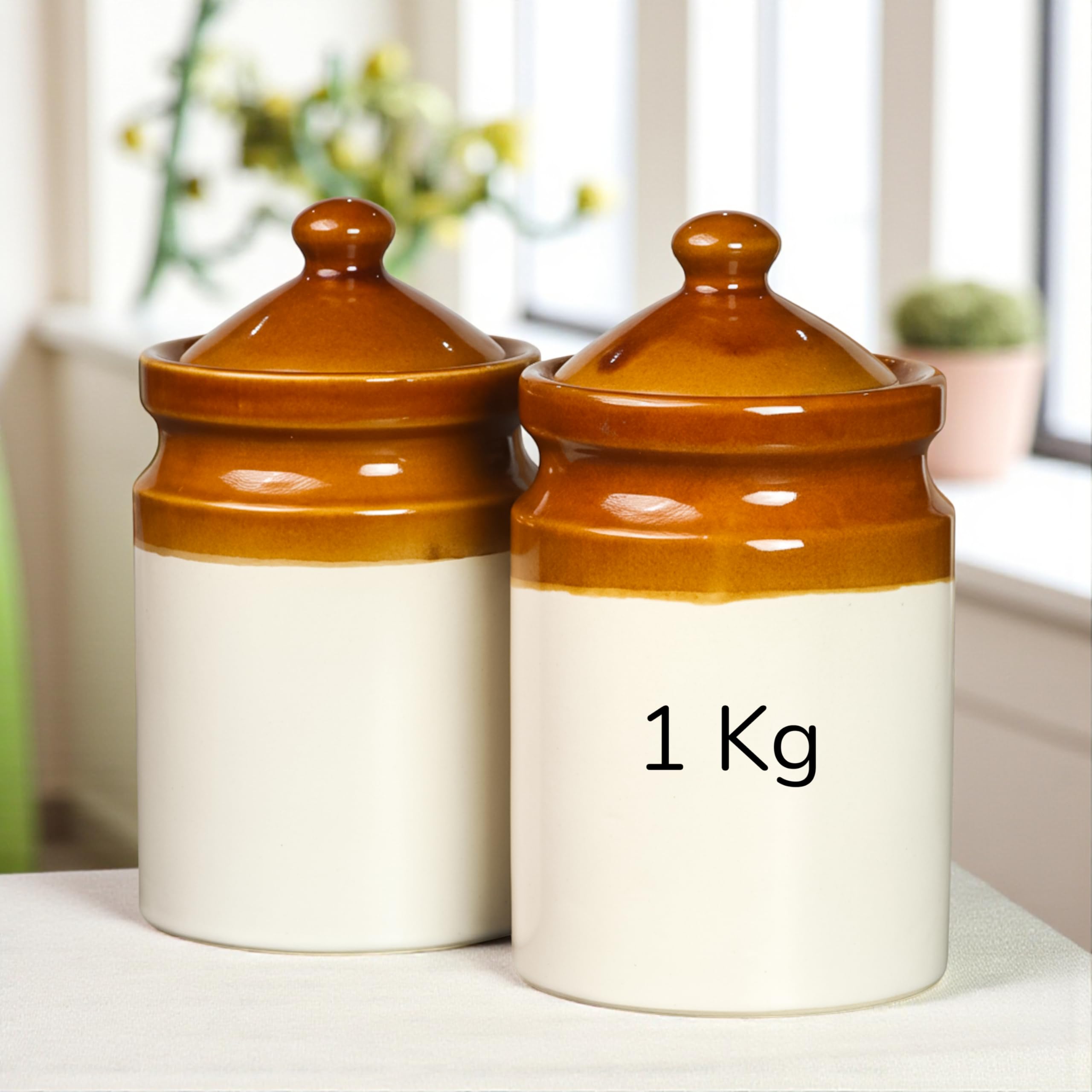Claystone Ceramic Achaar Jar Set - 1 Kg (1000 Ml) X 2 - Martban Pickle Container - Kitchen Storage For Pickle, Chutneys And Sauc