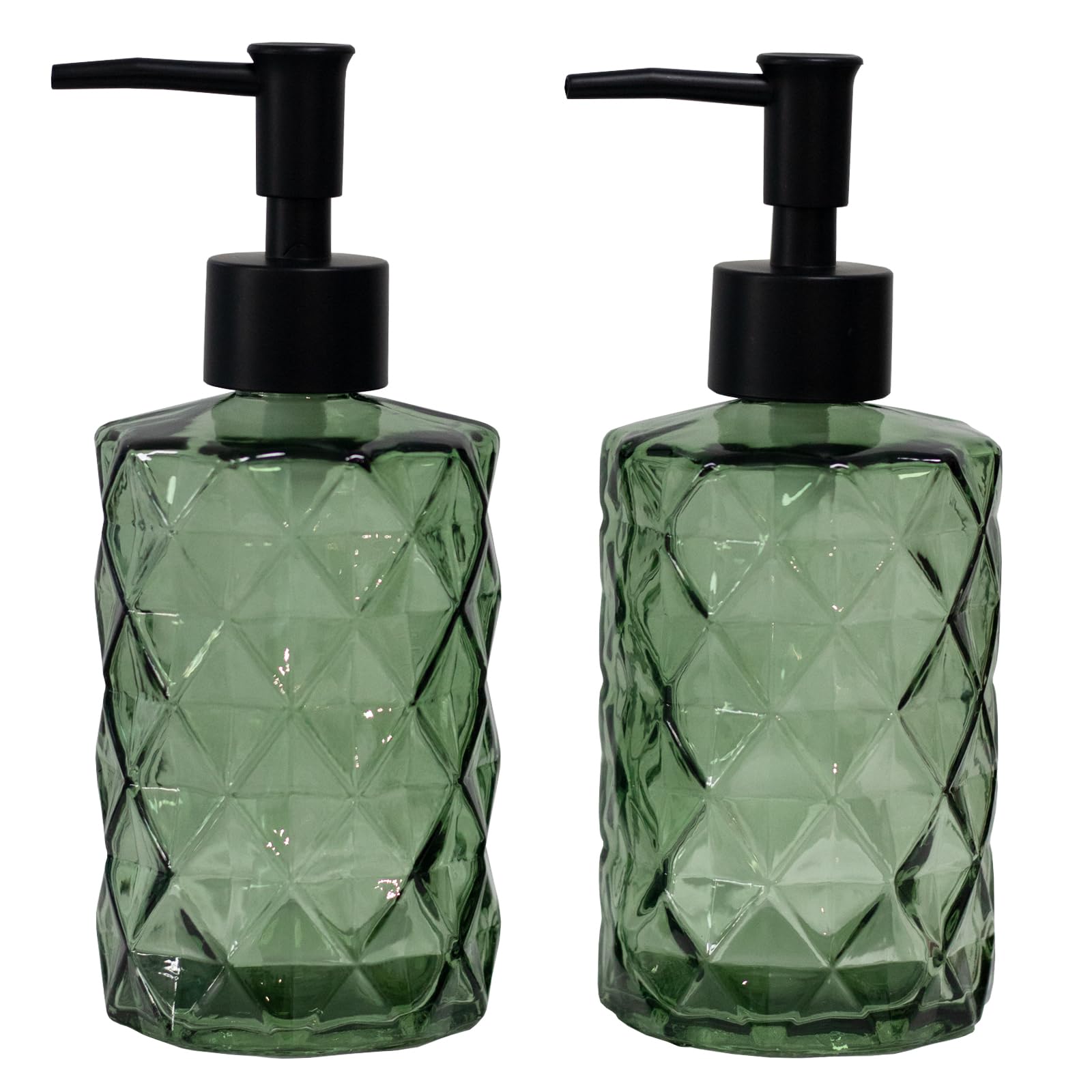 Green Glass Soap Dispenser With Black Plastic Pump, 12Oz Refillable Liquid Hand Soap Dispenser, 2 Pack Crystal Lotion Bottle For