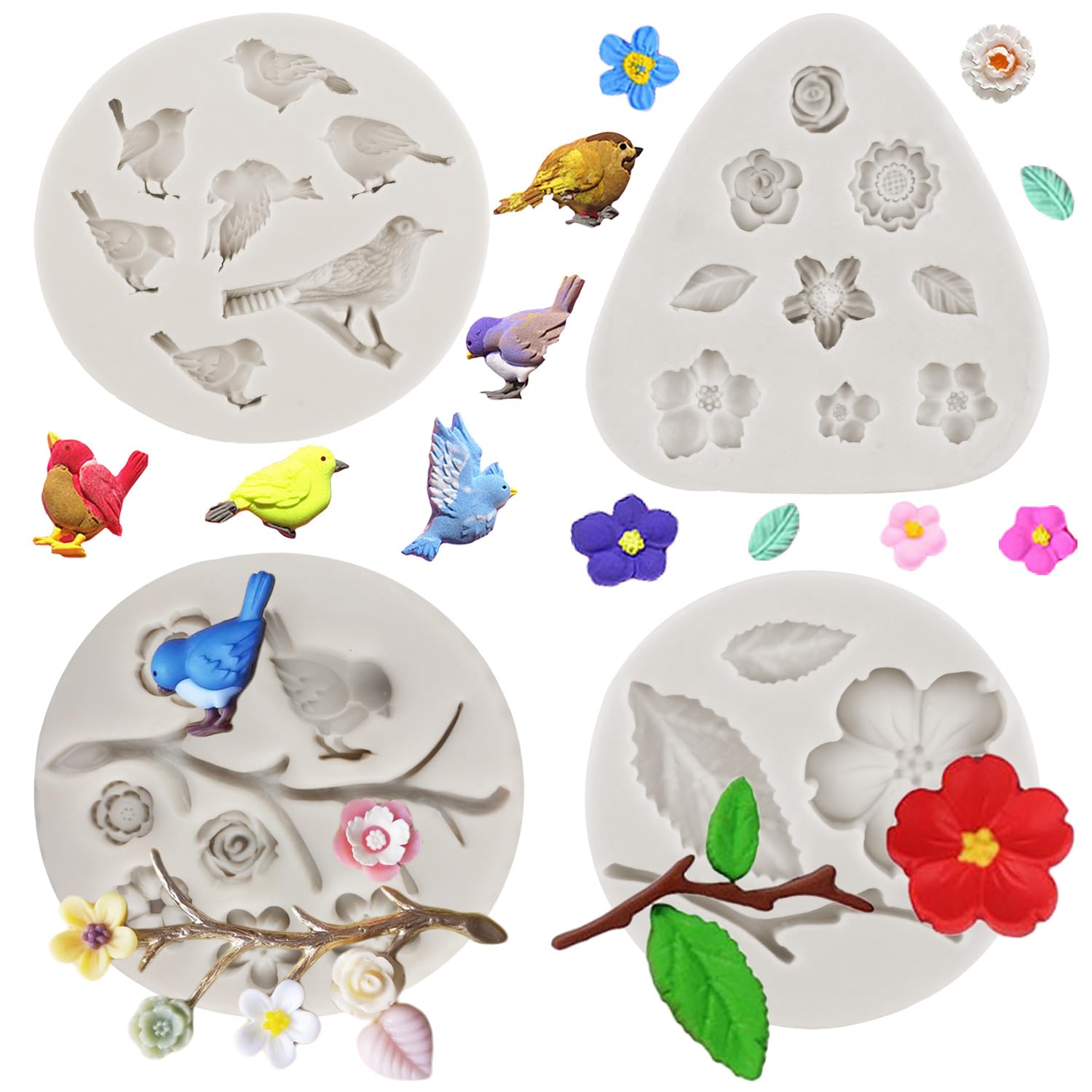 Mypracs Bird Silicone Mold Tree Branch Leaves Fondant Mold Plum Blossom Flower Chocolate Mold For Flower Cake Decoration Cupcake