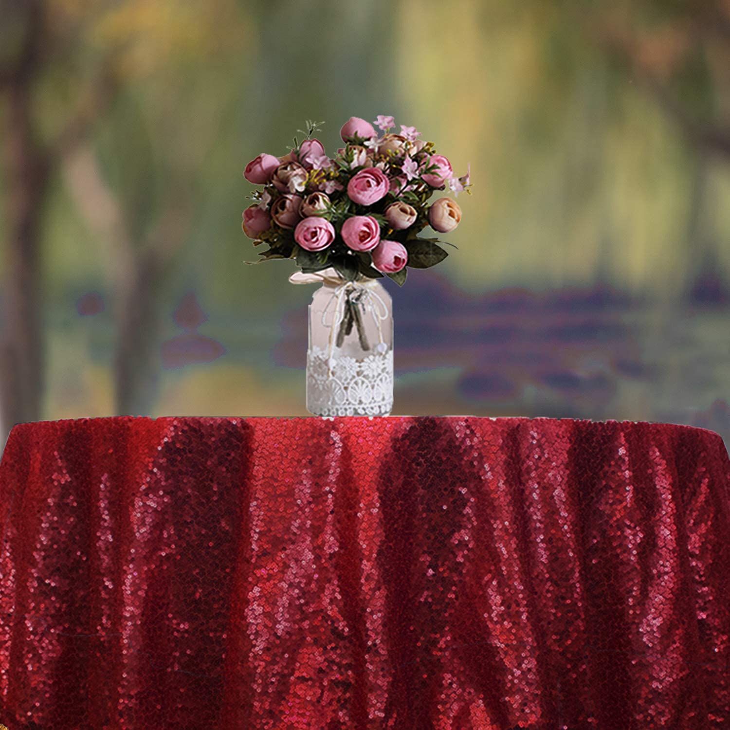 Jyflzq Burgundy Sequin Tablecloth 50 Round Small Sparkly Drape Table Cloths Table Cover Overlay For Wedding Birthday Party Bab