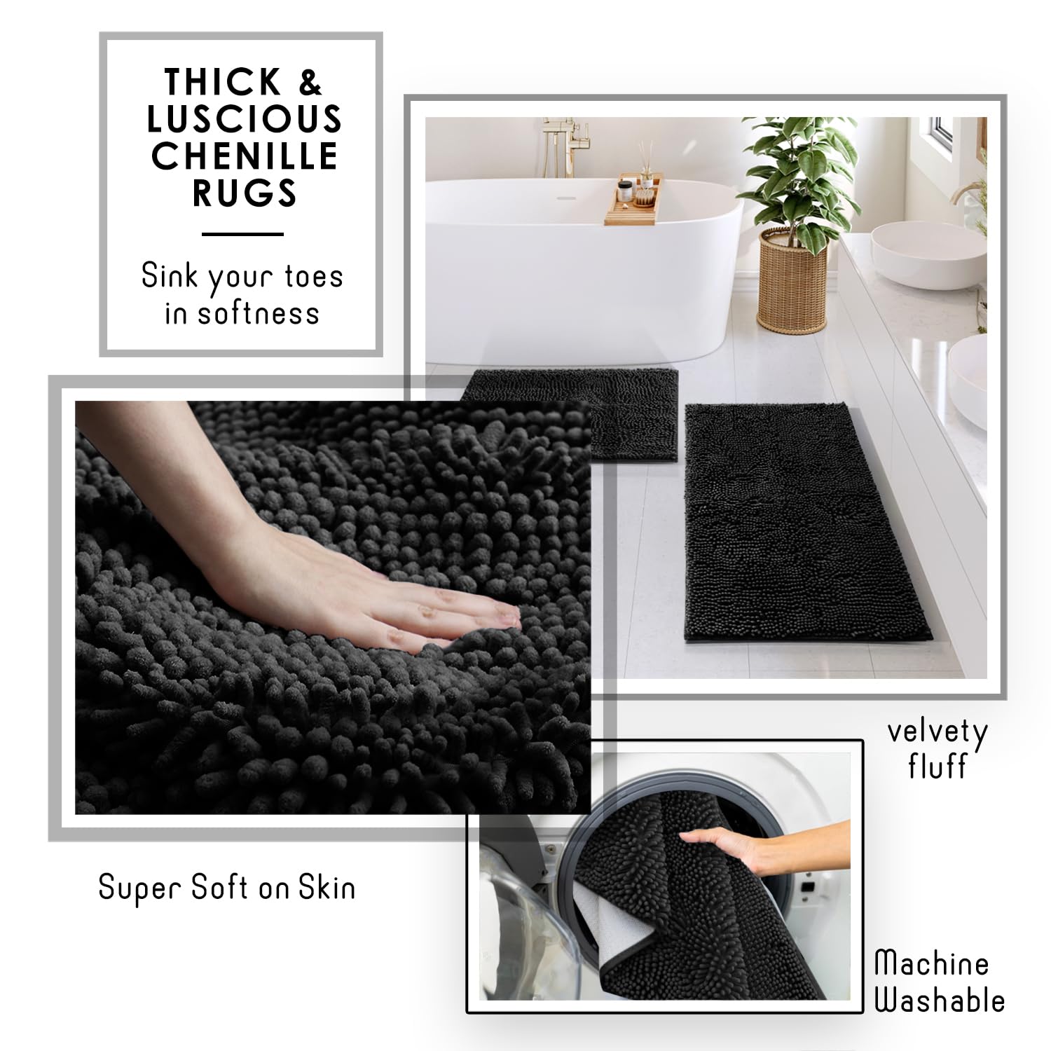 Clara Clark Bathroom Accessories Set - 22Pc Bathroom Set, Bathroom Sets With Shower Curtain And Rugs, Black Shower Curtain Set W