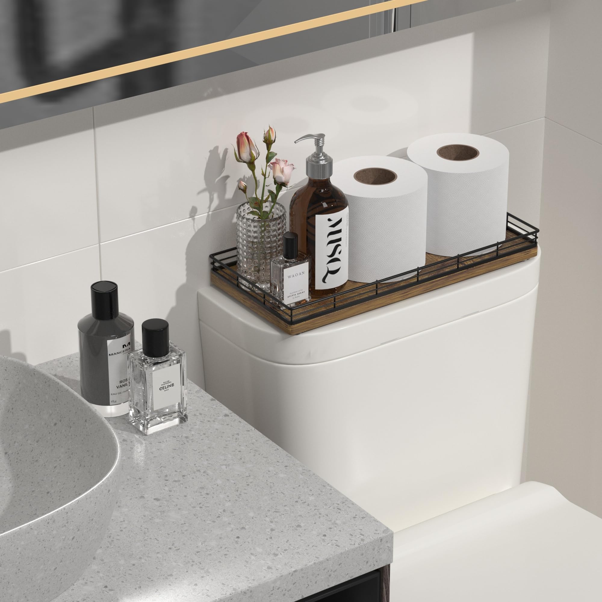 Focusonit Bathroom Toilet Tank Tray, 13'' Wood Toilet Paper Storage Basket Tray Back Of Toilet Basket Organizer, Vanity Tray For