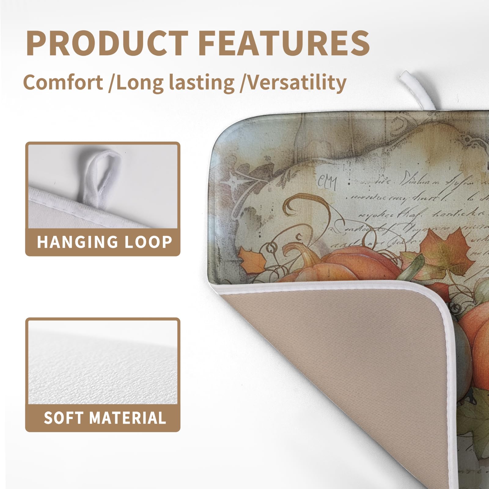 Wnoesat Fall Pumpkin Maple Leaf Dish Drying Mat for Kitchen Counter 16x18 Inch Vintage Autumn Leaves Thanksgiving Drying Mat Sea