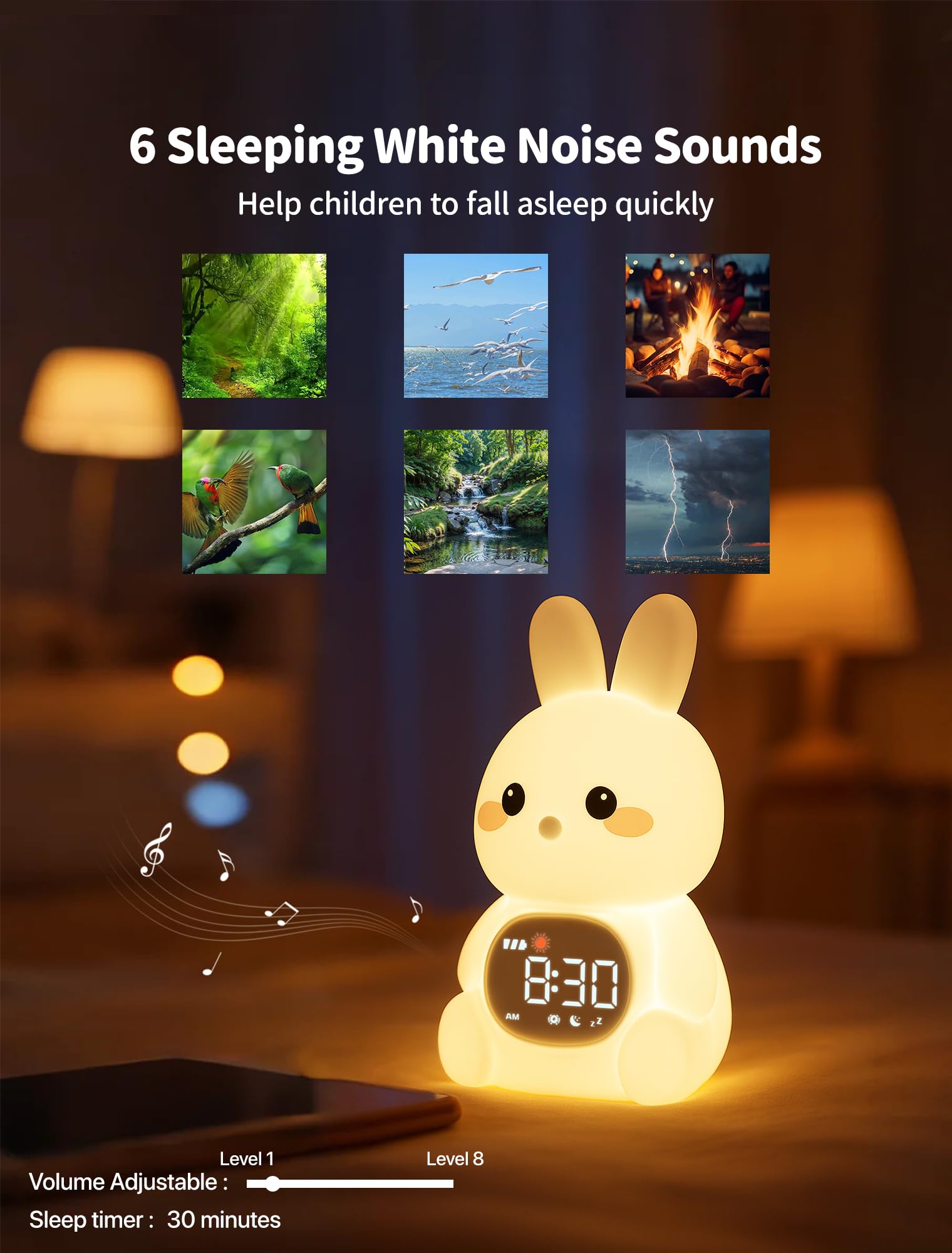 MASHI Bunny Alarm Clock, Toddler Sleep Training Clock with Sun & Moon, Sleep Sound Machine, Night Lights, Alarm Clock for Kids,