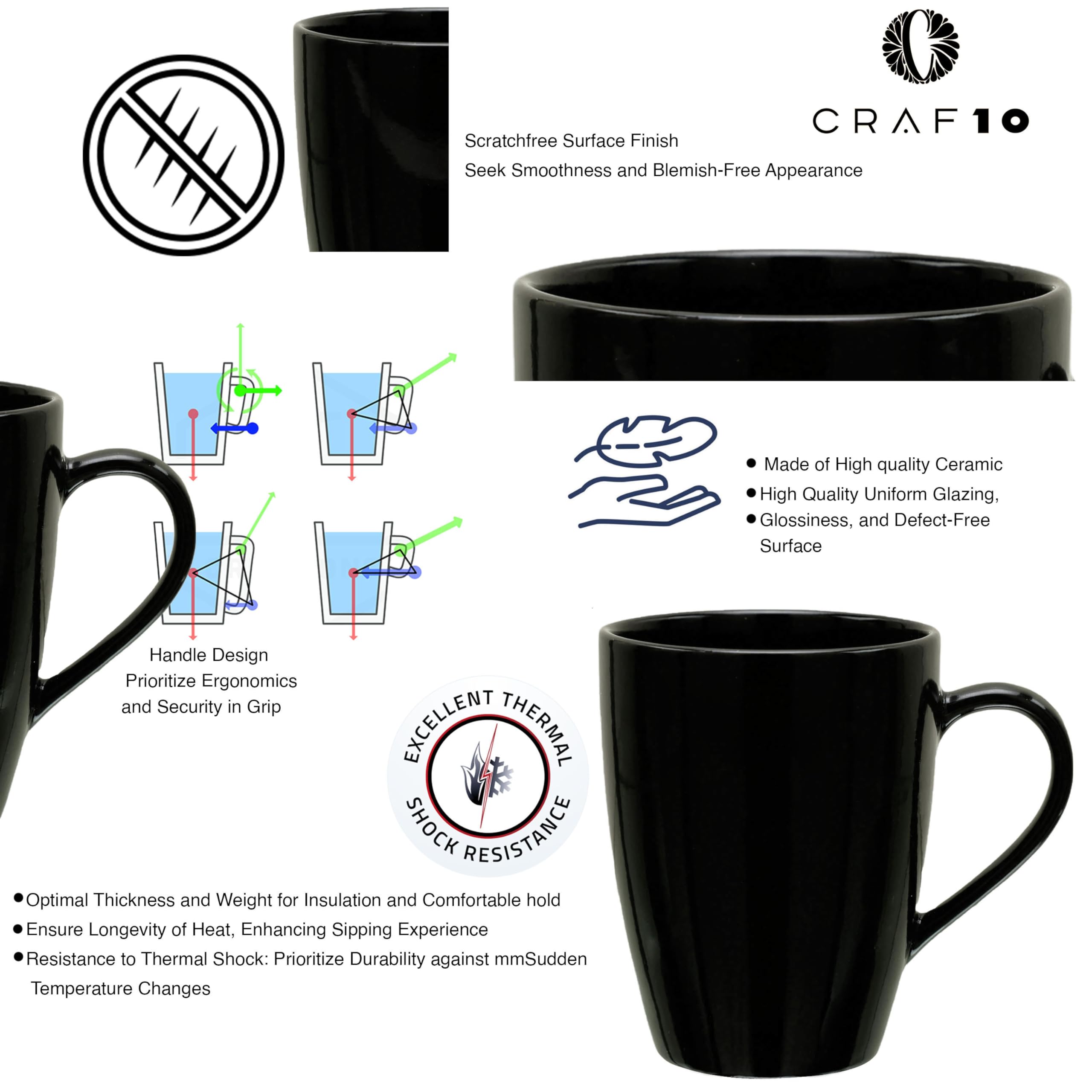 Craf10 Exquisite Solid Ceramic Coffee Mugs - Black Color,Microwave Safe- 340Ml Capacity, Dishwasher & Freezer Safe