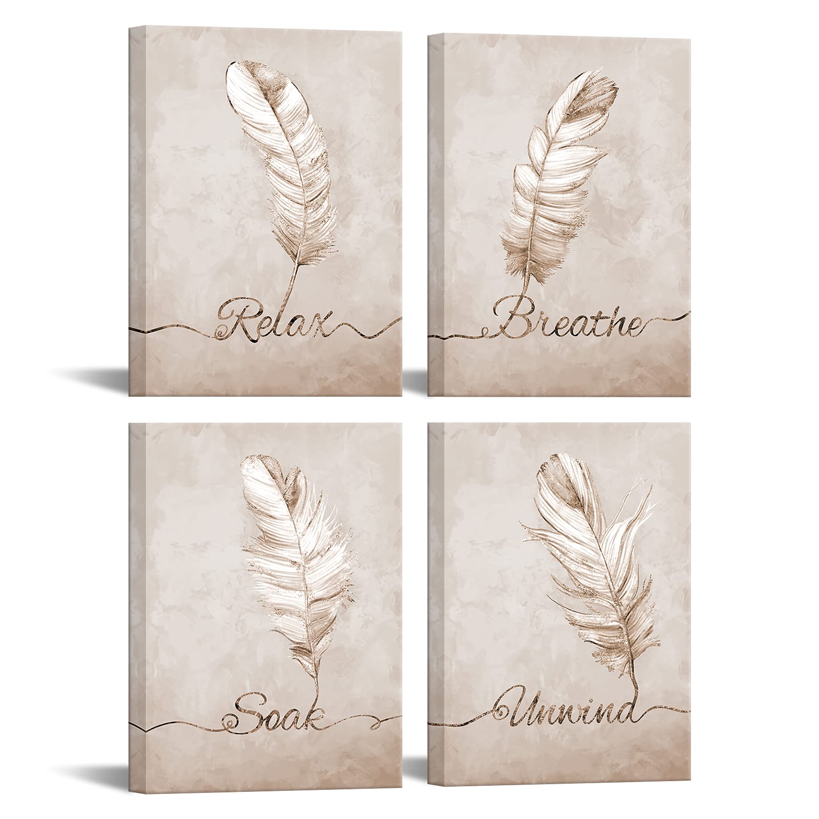Nachic Wall - Beige Canvas Wall Art Feather Painting Picture Poster Relax Soak Unwind Breathe Sign Bathroom Decor