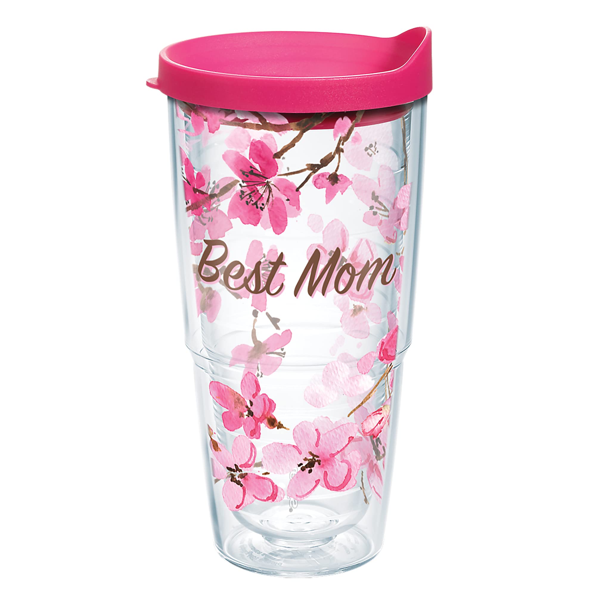 Tervis Cherry Blossom Best Mom Insulated Tumbler With Wrap And Fuschia Lid 24Oz, Clear