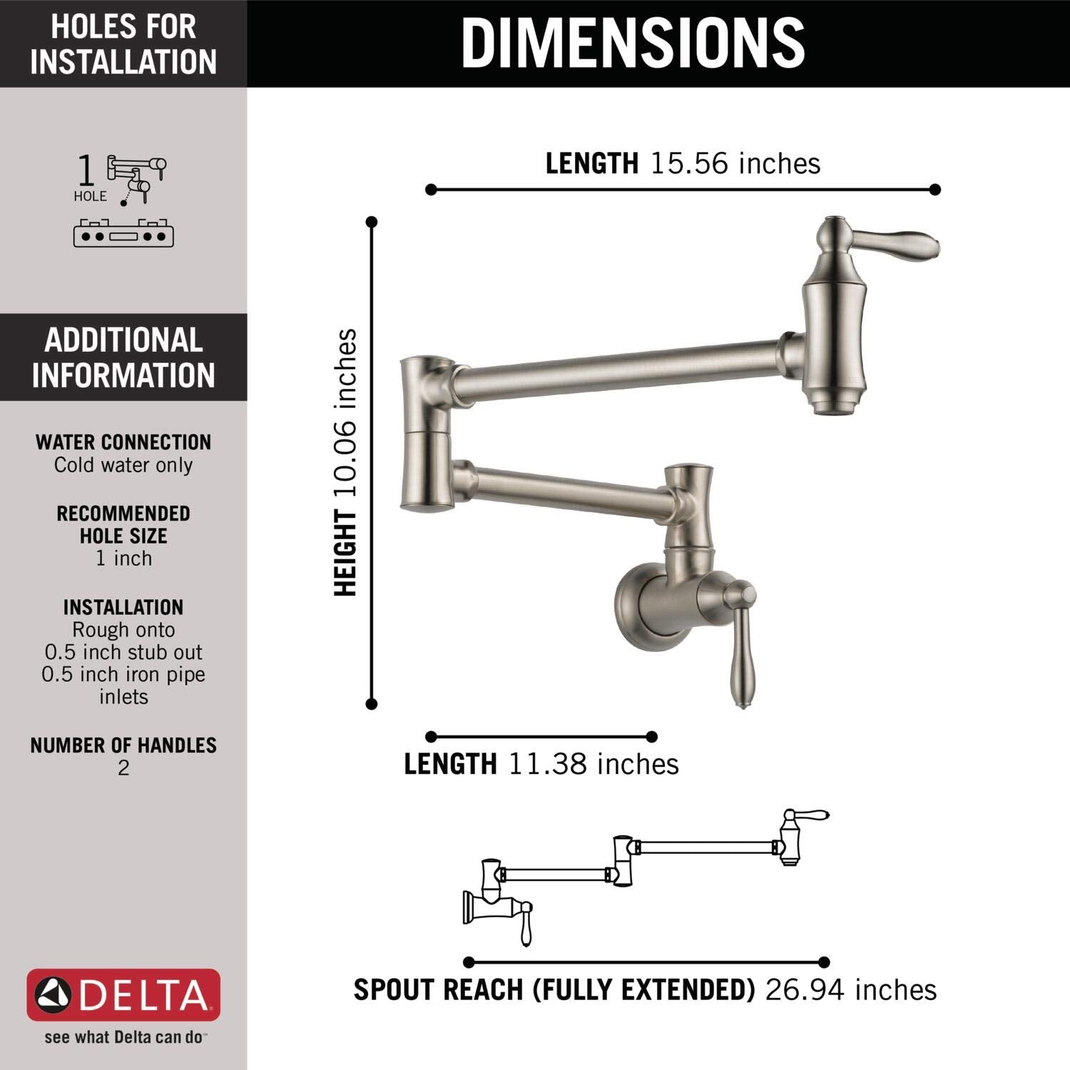 Delta Faucet Traditional Stainless Steel Pot Filler Faucet Brushed Nickel  Delta Pot Filler  Farmhouse Pot Filler Faucet Wall Mount  Potfiller  Brass Construction  Stainless 1177LF-SS