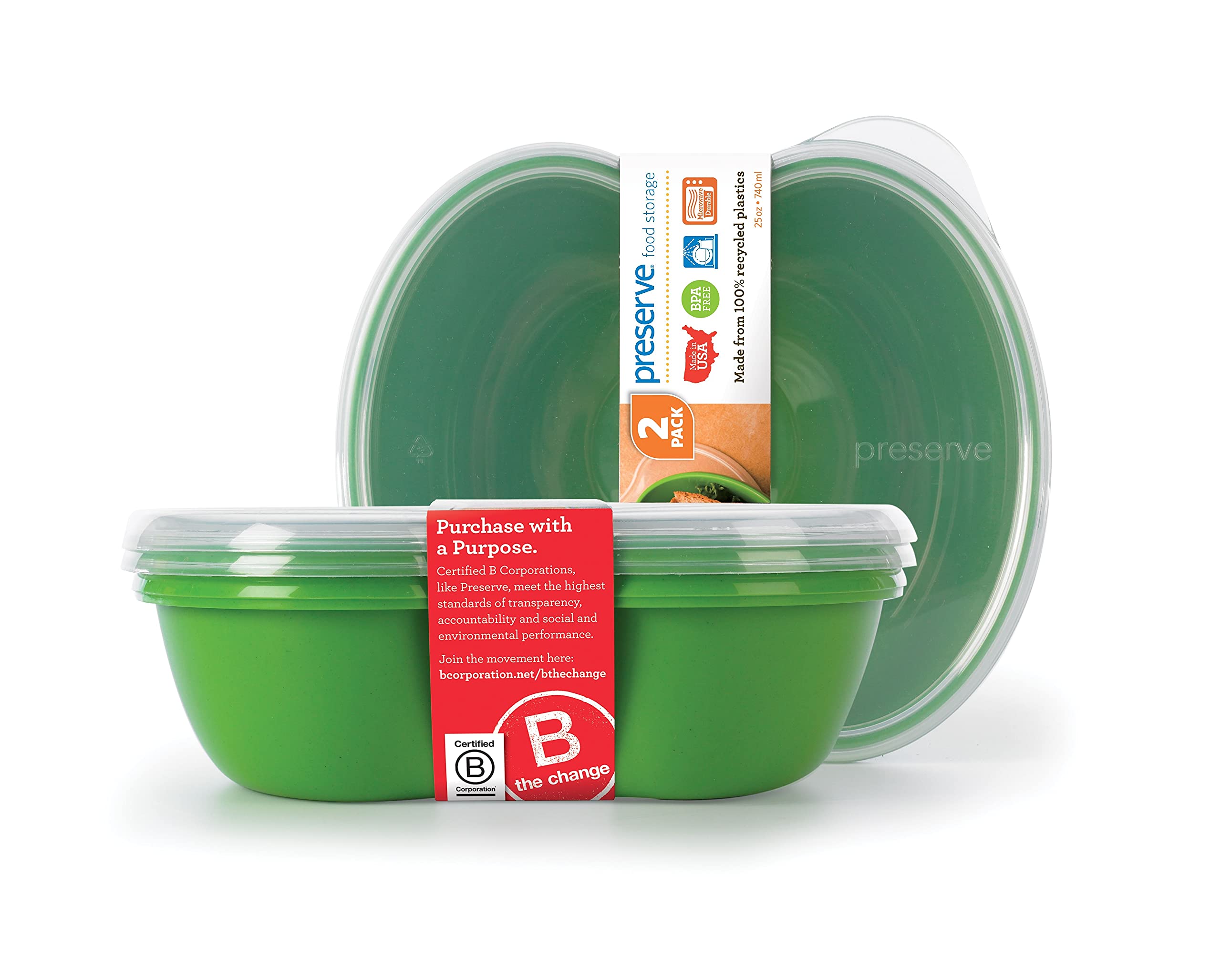 Preserve Square Food Storage Container Made From Recycled Plastic, 25 Ounce Capacity, Set Of Two, Apple Green