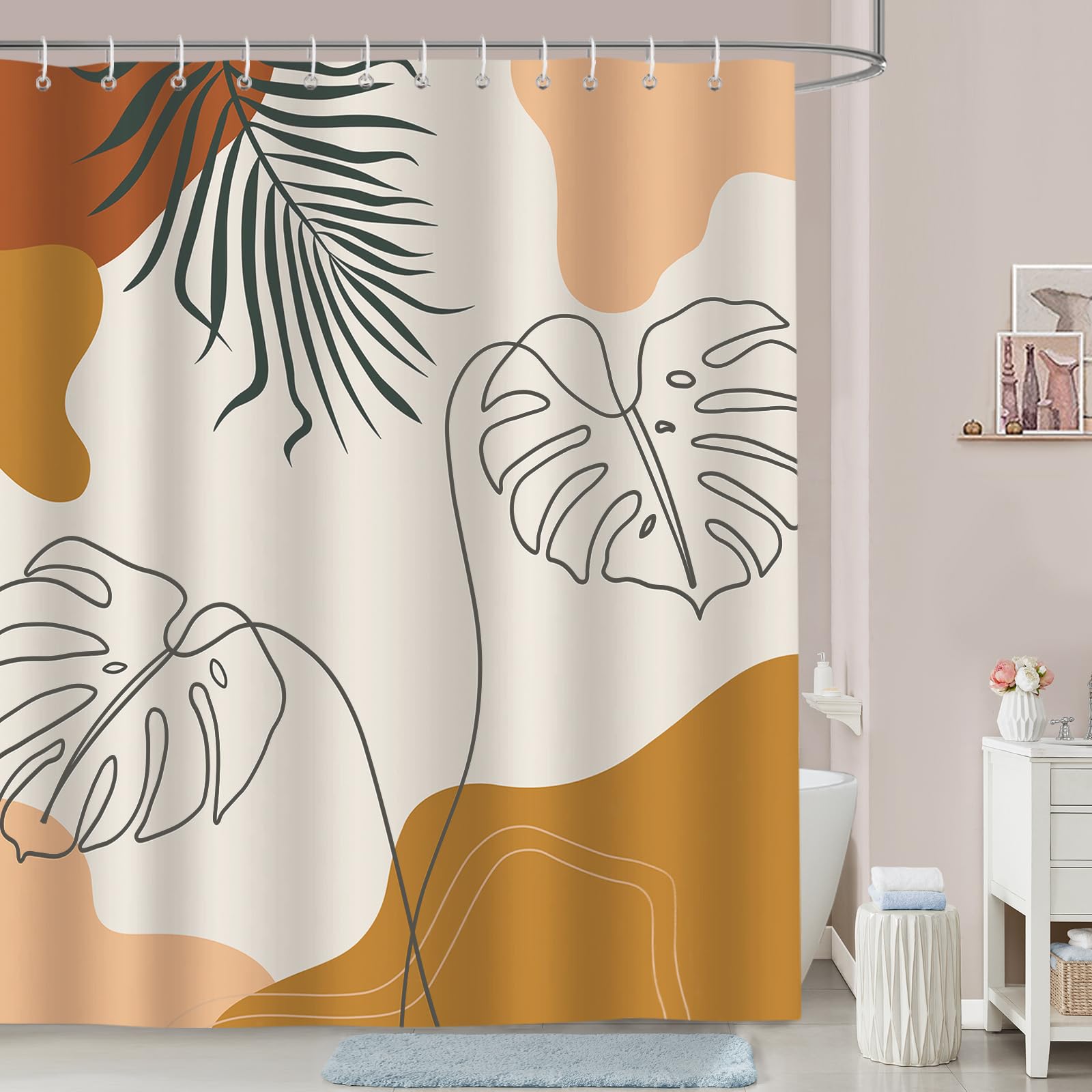 Bonhause Boho Mid Century Brown Shower Curtain 72 X 72 Inch Abstract Modern Minimalistic Leaves Aesthetic Decorative Bath Curtai