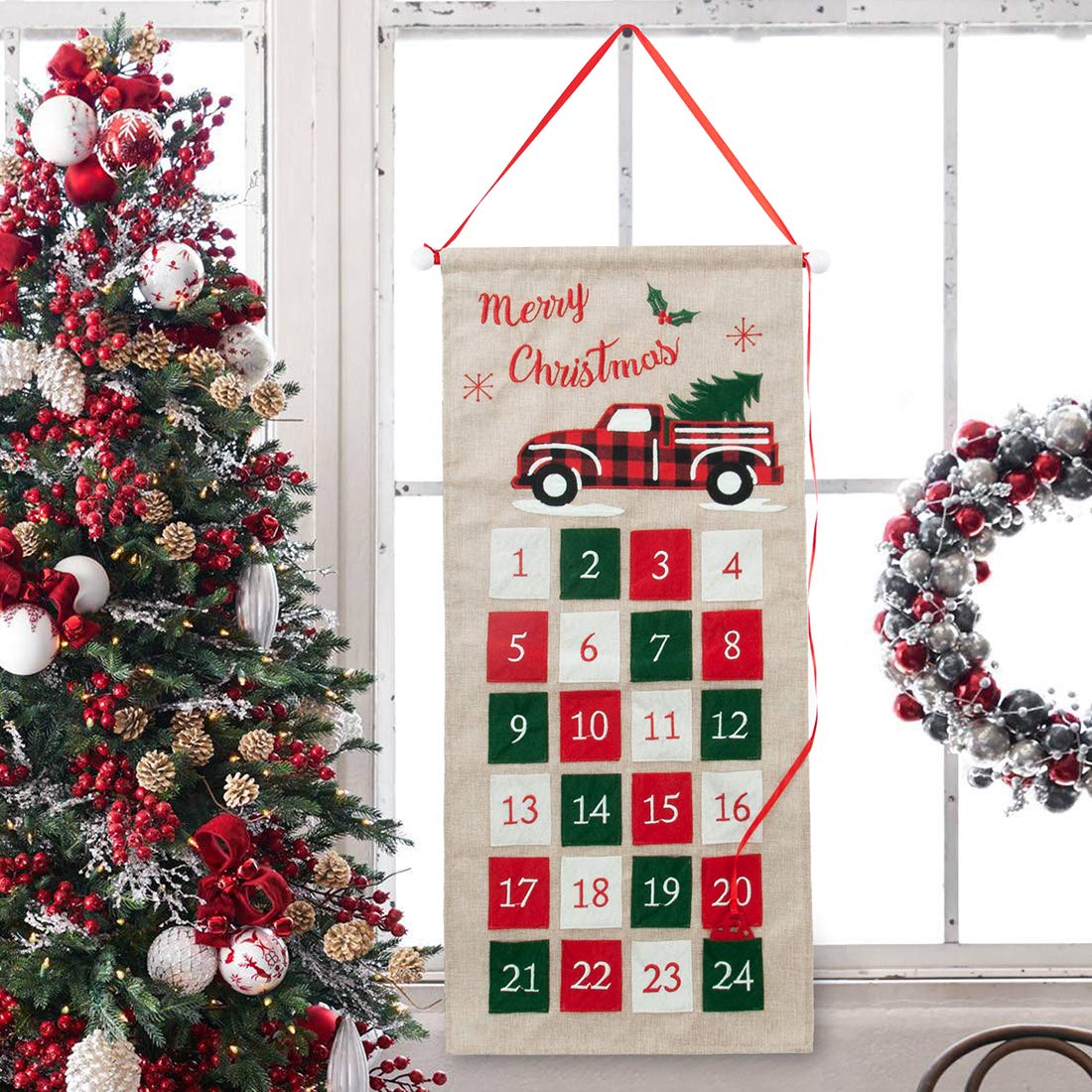 GMOEGEFT Burlap Advent Calendar 2024 Countdown to Christmas with Truck Applique Hanging Xmas Home Wall Fabric Decoration