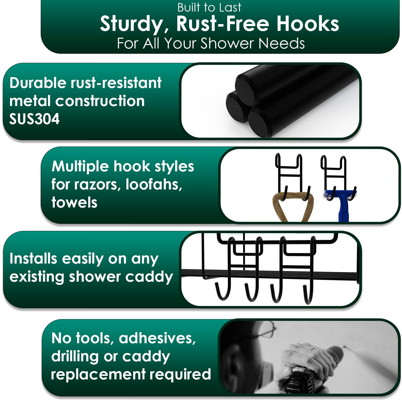 Jovware Black Shower Caddy Hooks, Razor Hooks For Shower, Razor Hanger For Shower, Shower Caddy With Hooks, Shower Hooks For Loo