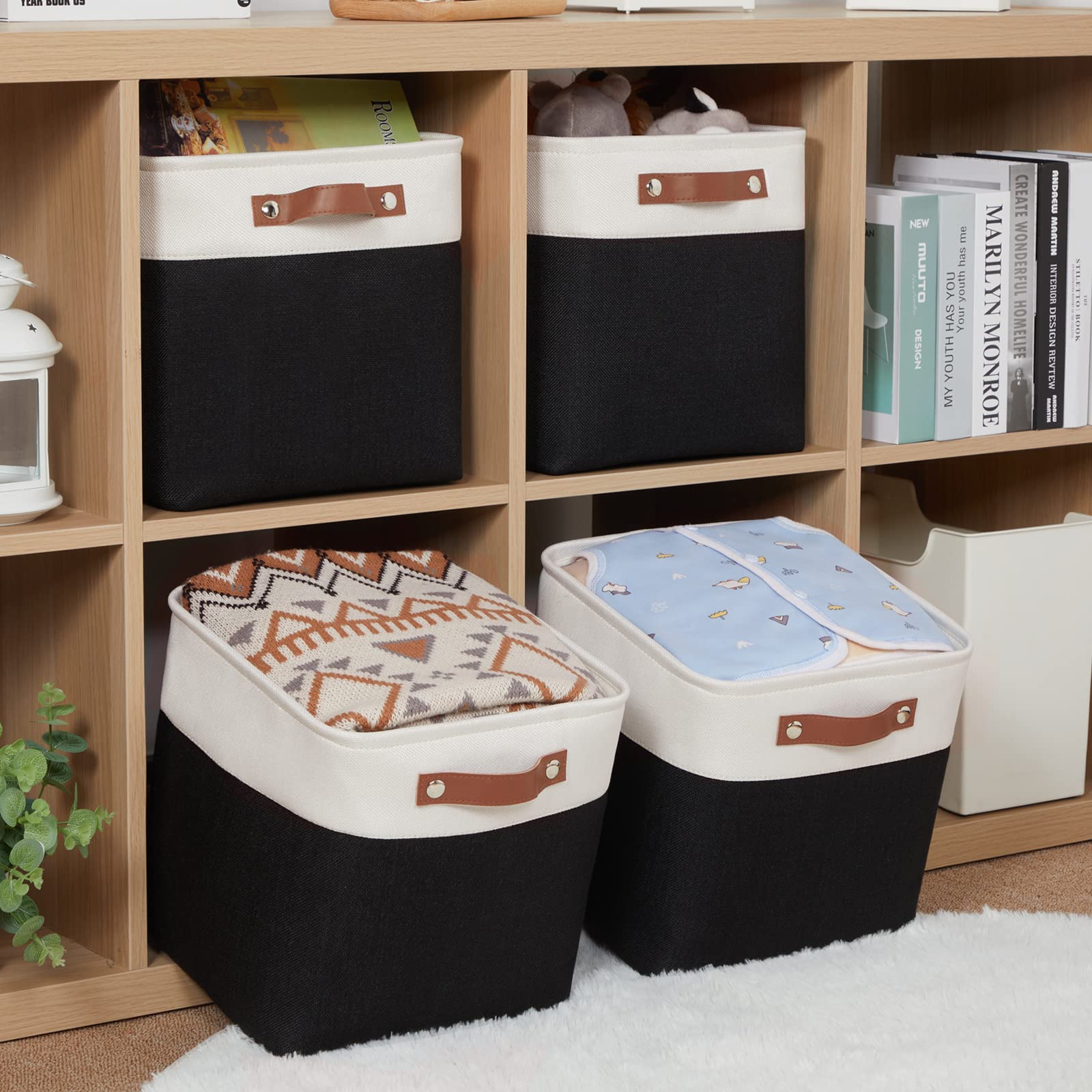 HNZIGE Foldable Storage Basket set Fabric Storage Baskets for Shelves Linen Closet Organizers (4 Pack) Storage Baskets 11x11 Storage Basket for Books Clothes Gifts with Handles(White&Black)