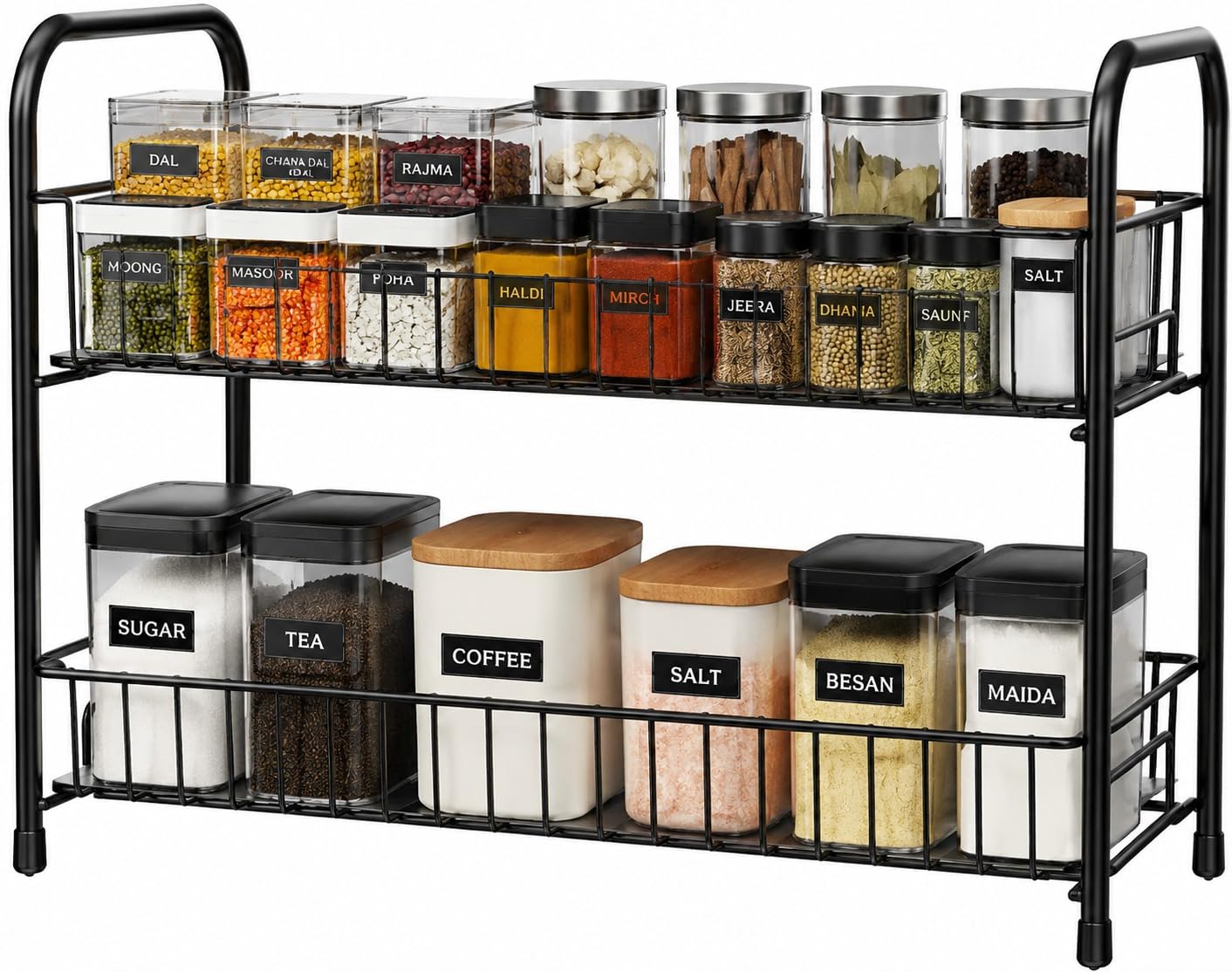 Addbiv 2Tier Metal Wire Spice Rack Organiser, Black, 39.62X19X30.48Cm