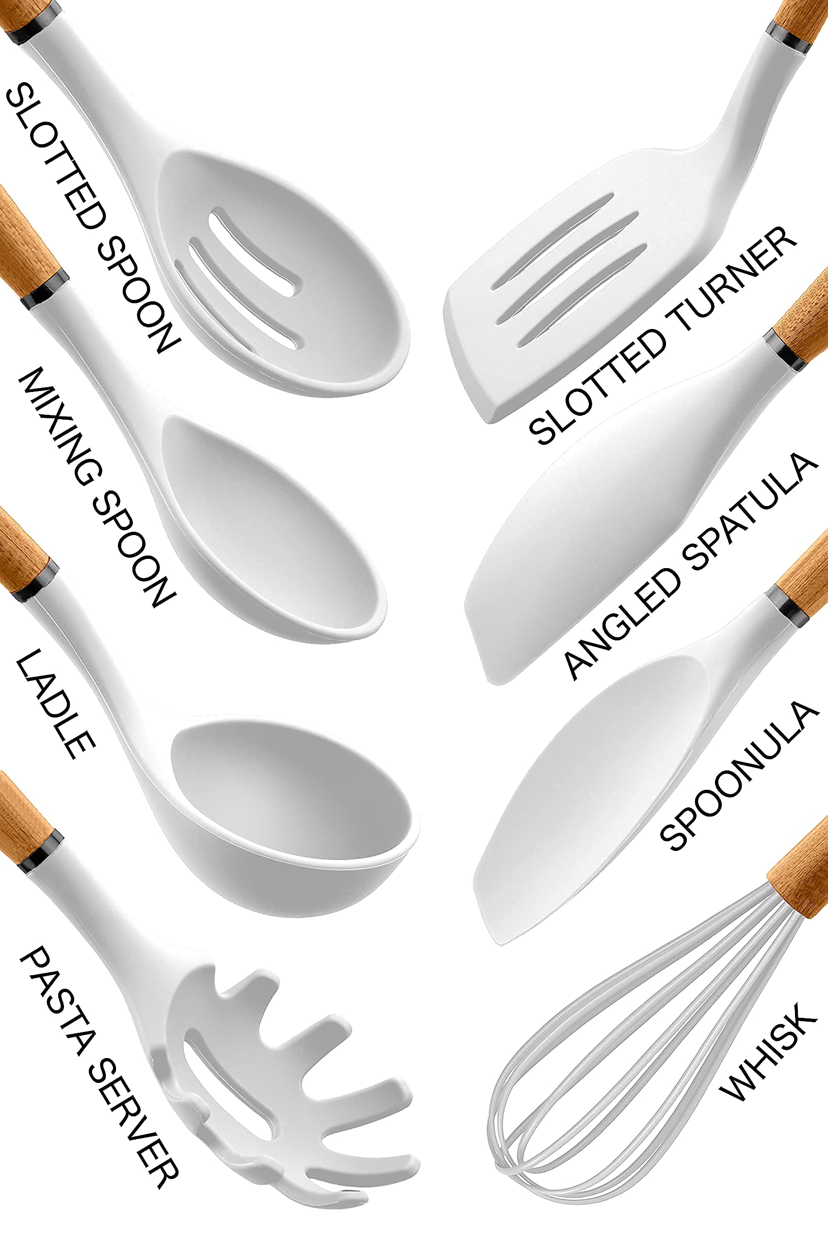 Country Kitchen 8 Pc Non Stick Silicone Utensil Set With Rounded Wood Handles For Cooking And Baking - White