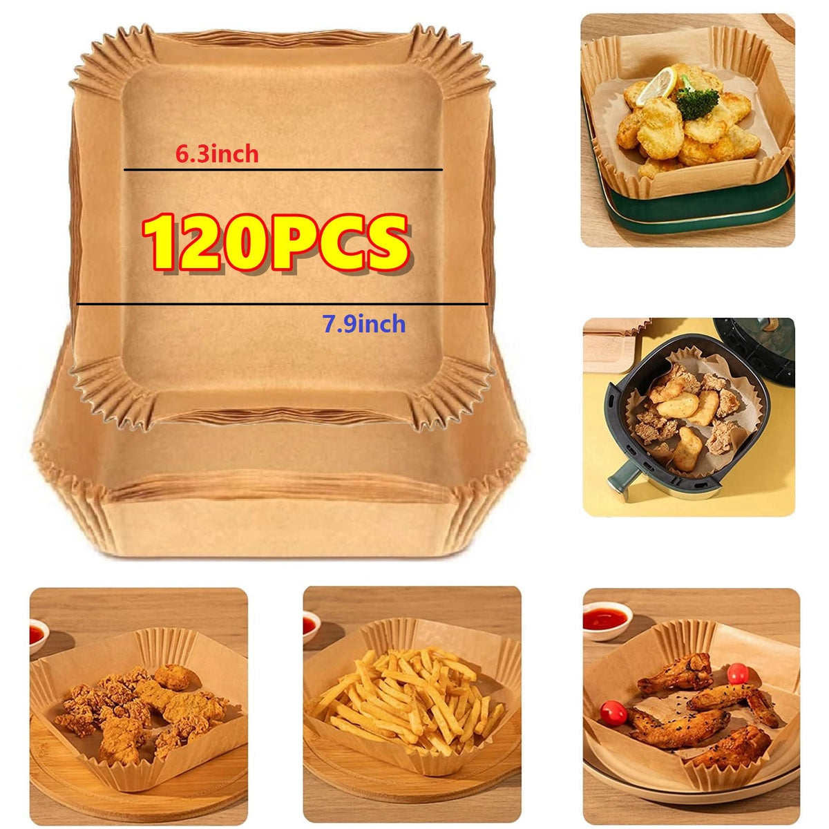 Uhouse 120Pcs Square Air Fryer Disposable Paper Liner, 7.9 Inch Non-Stick Air Fryer Disposable Liners, Food Grade Parchment,Baki