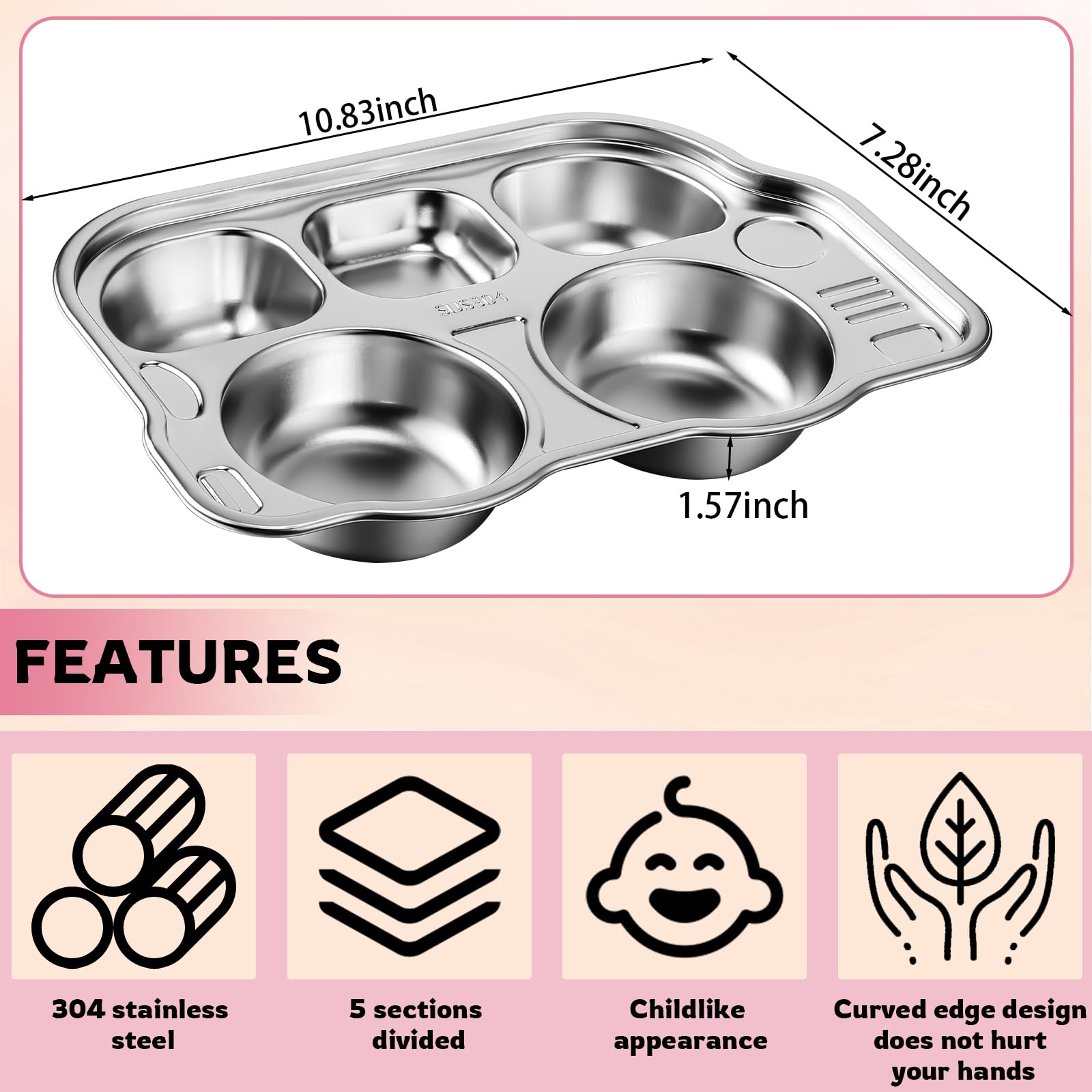 Layhit 4 Pcs Stainless Steel Divided Plate 5 Sections Divided Platter Kids Plates School Bus Shape Toddler Plates With Lids Dinn