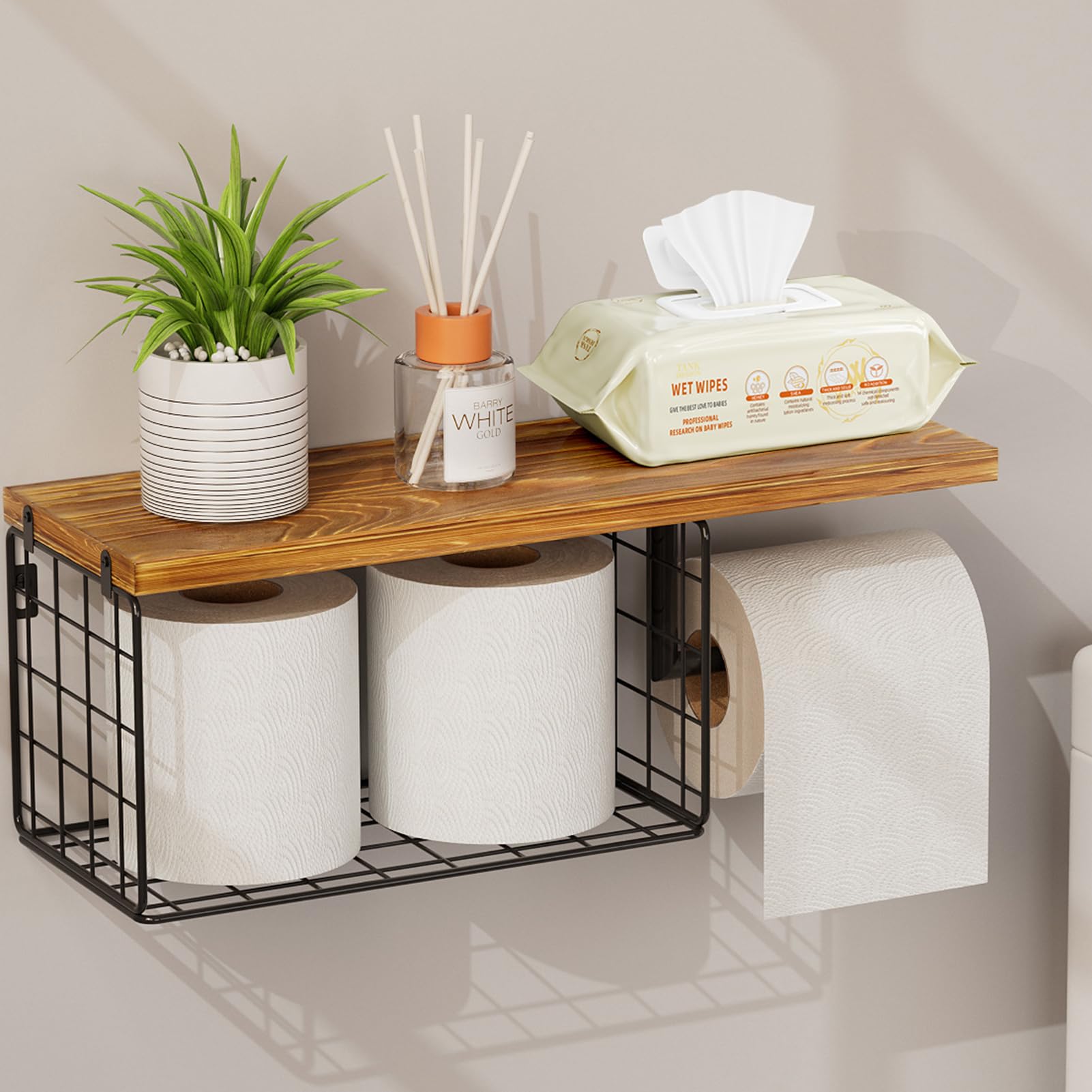 VITVITI Toilet Paper Holder with Shelf, Wall Mounted Toilet Paper Storage Basket, Wood Metal Toilet Roll and Wipes Holder for Ba