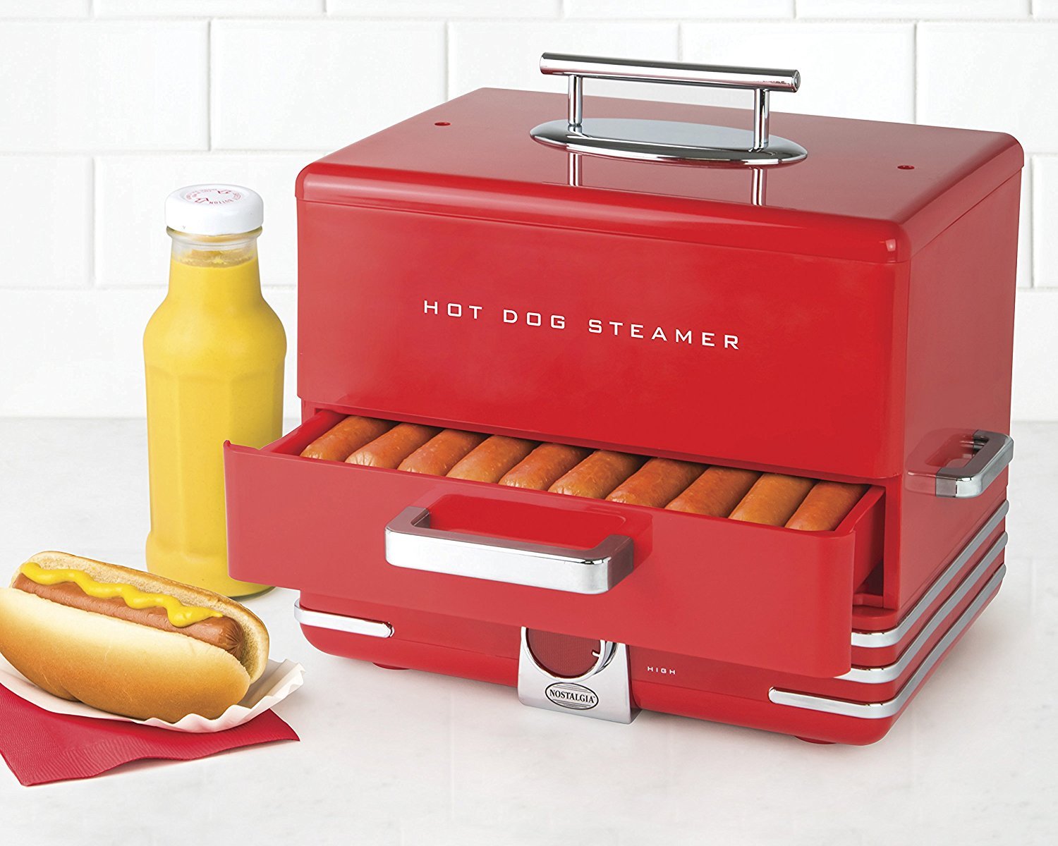 Nostalgia Extra Large Retro Classic Style Steamer Warmer, 20 Hot Dog And 6 Bun Capacity, Steam Bratwursts, Sausages, Vegetables,