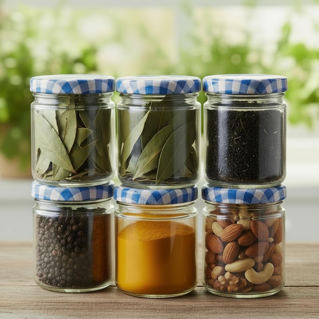 Ginoya Brothers  200 Ml. Round Glass Jars With BlueChex Lids Mason Jars For Herbs,Foods,Jams,Liquid,Canning Jars Spice Jars Fo