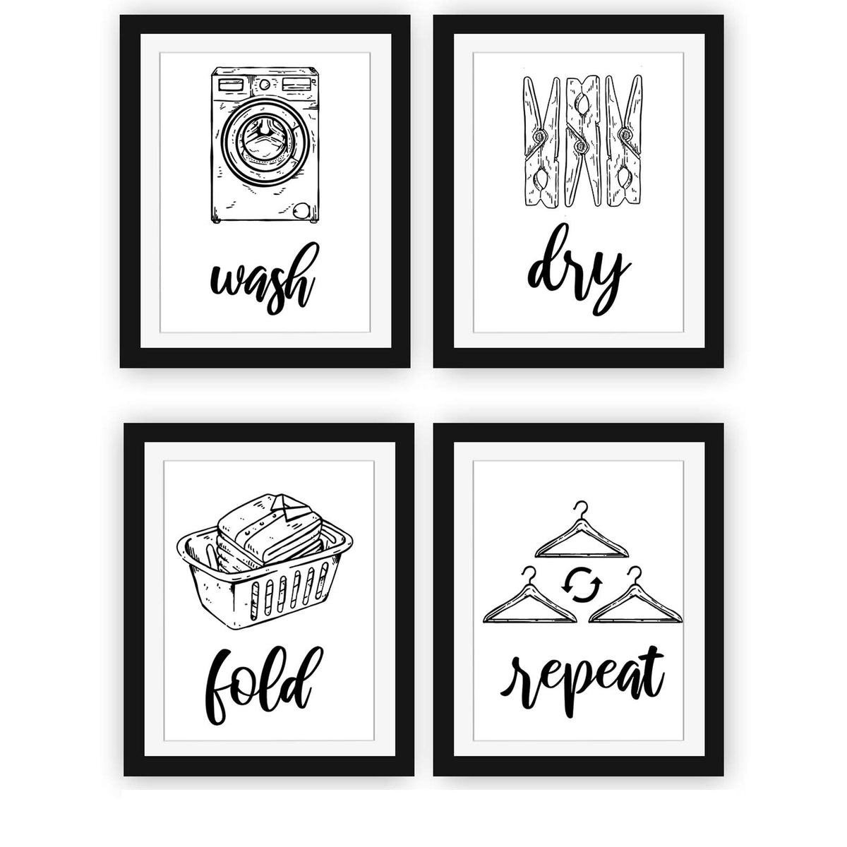 Modern 5Th Laundry Room Signs (Set Of 4 Unframed - 8 X 10 Inches), Wash Dry Fold Repeat, Typography Wall Art Decor Prints, Black